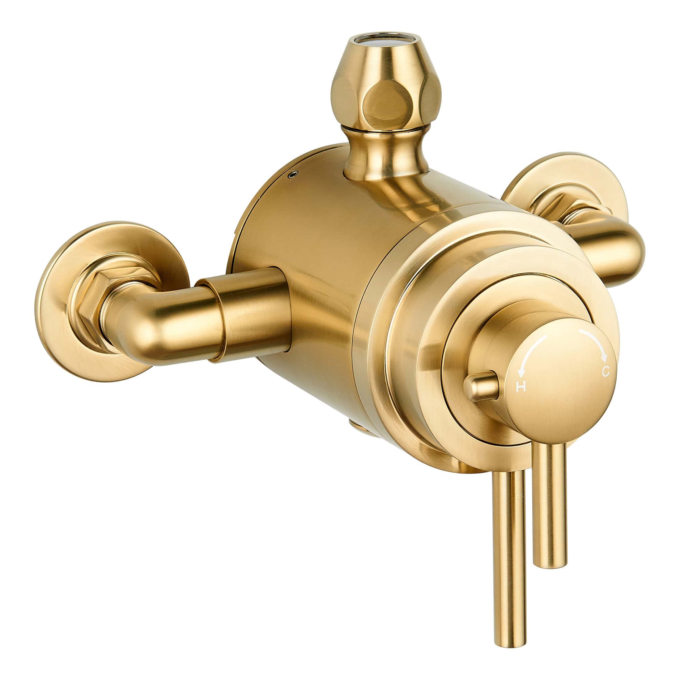 Brass bathroom mixer tap with dual handles and temperature control, ideal for modern bathroom renovations and high-quality fixtures from Bubly Bathrooms.