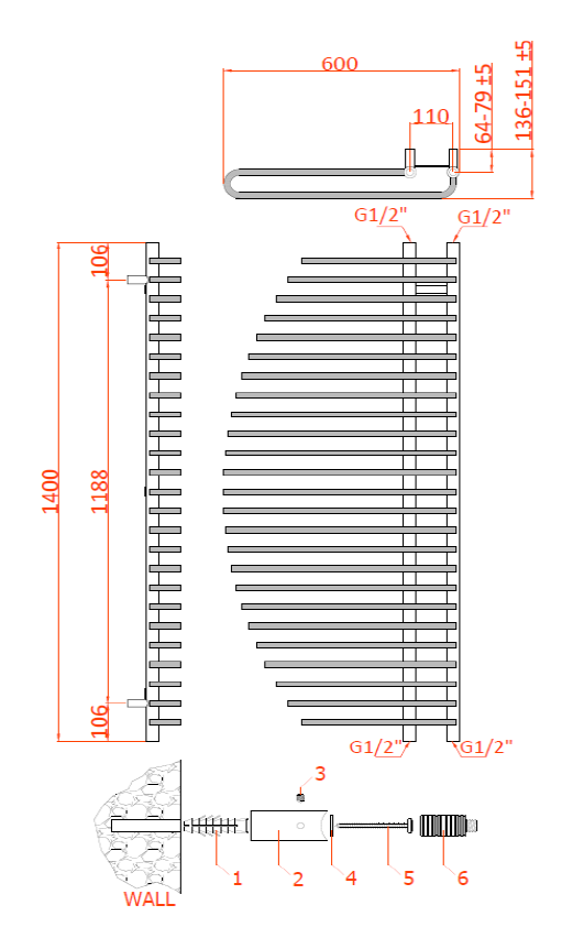 Reina Nola Chrome Heated Towel Rail - technical drawing with dimensions
