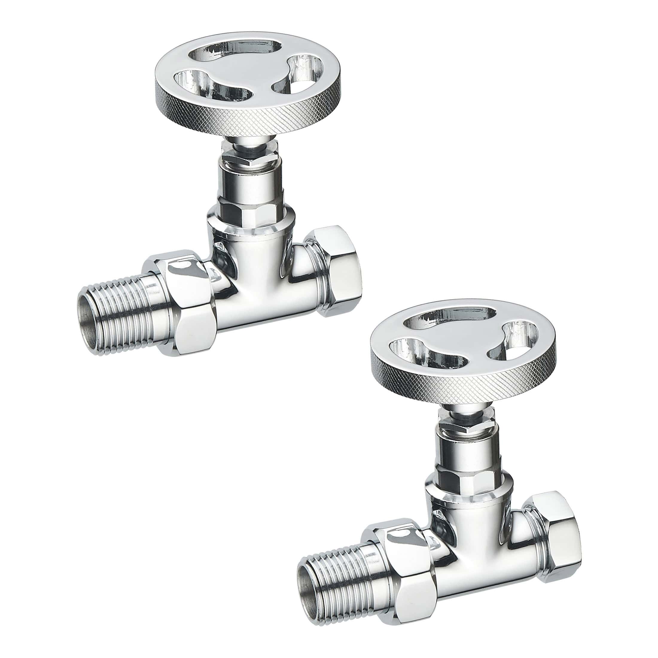 High-quality chrome radiator valves with shut-off features for bathroom heating systems, ideal for modern and traditional bathroom upgrades. Durable and easy to install.