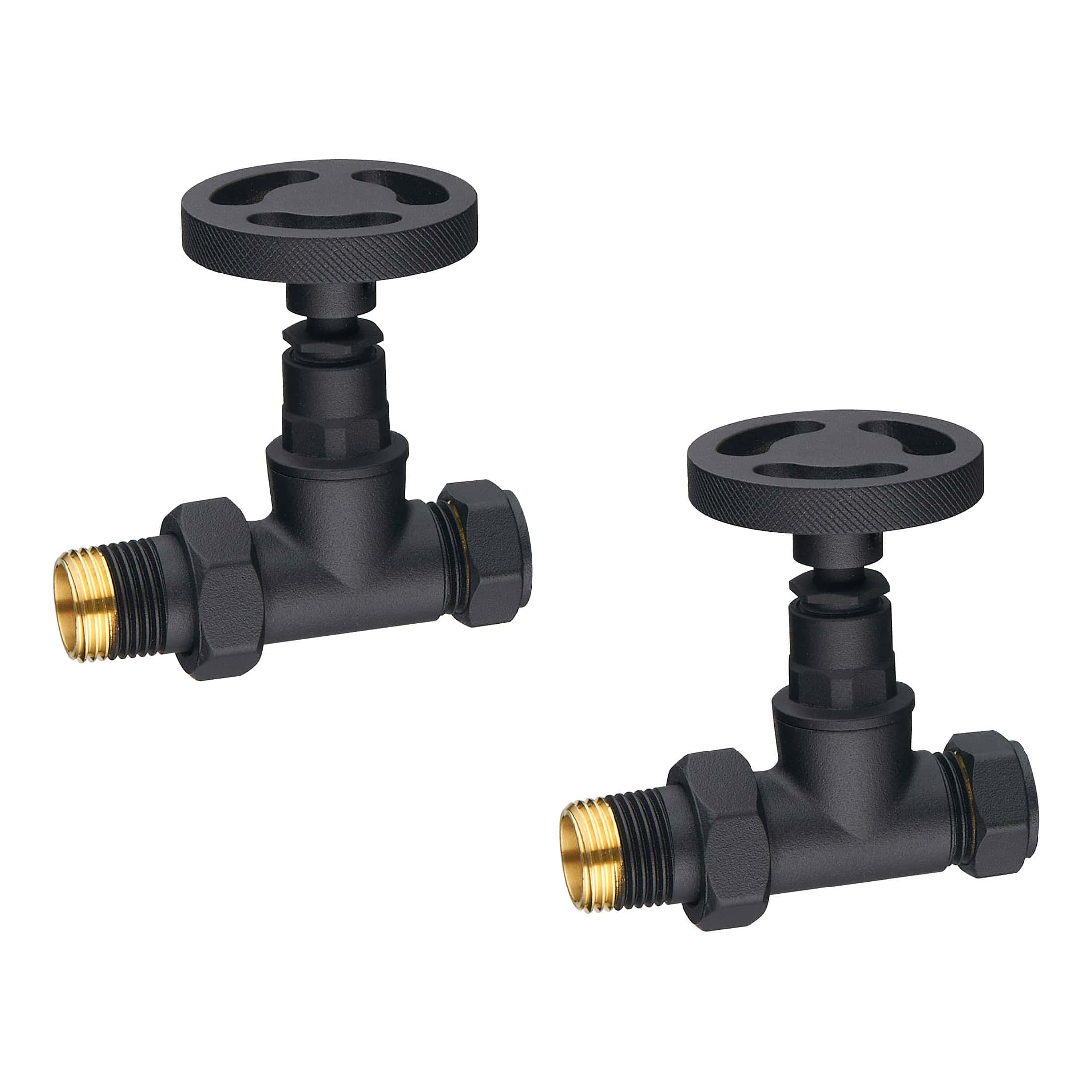 Black cast iron radiator valves with adjustable control handles for bathroom heating systems.