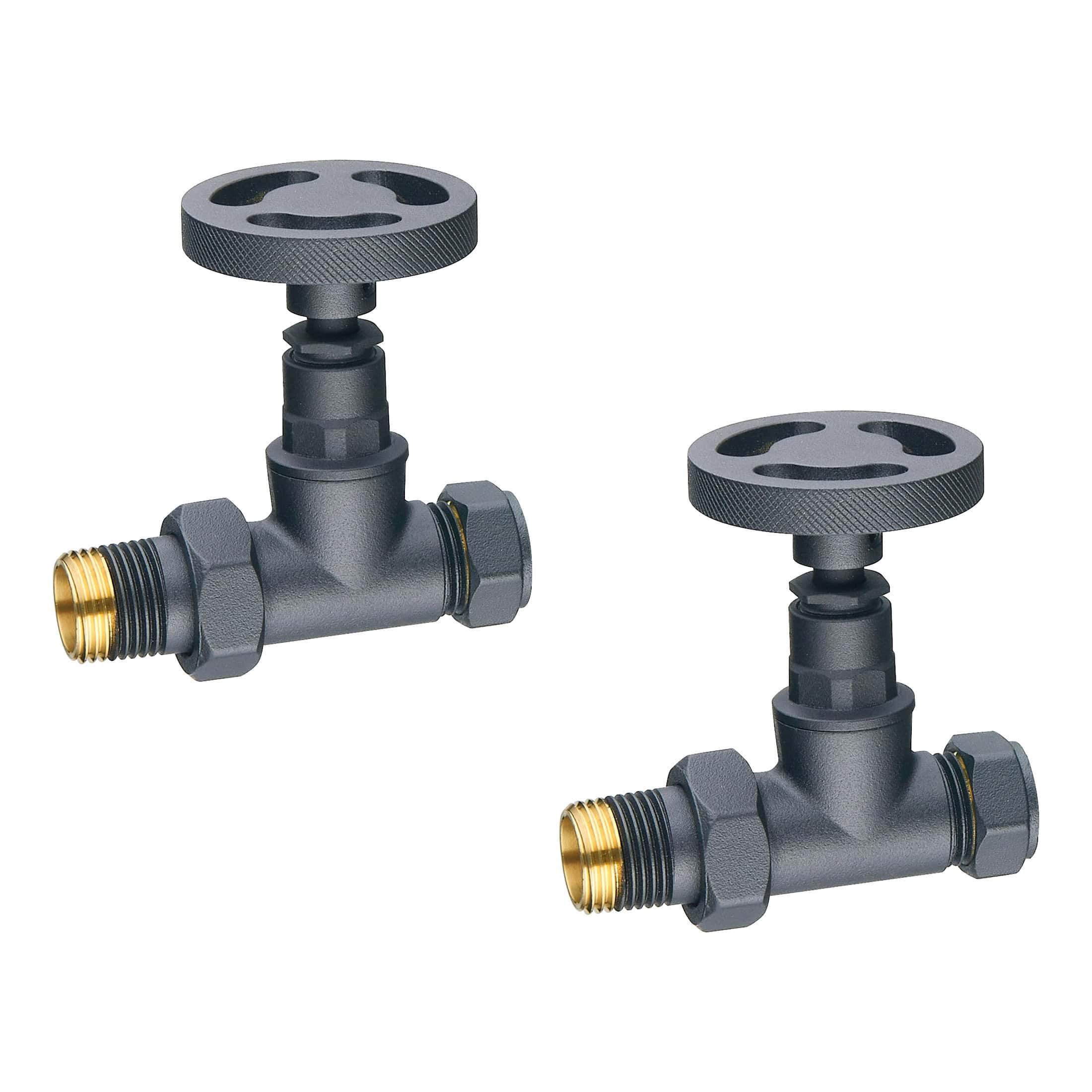 High-quality black radiator valves with adjustable handles and brass threaded connectors, perfect for modern bathroom heating systems, providing reliable control and precision in bathroom renovations.