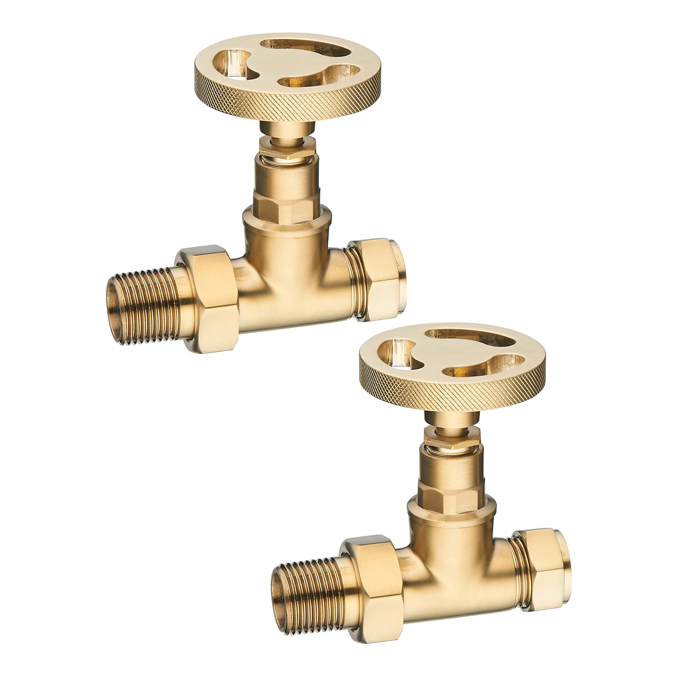 Brass radiator valves, T-shaped thermostatic radiator valve connectors for bathroom heating systems, high-quality bathroom plumbing parts from Bubly Bathrooms.