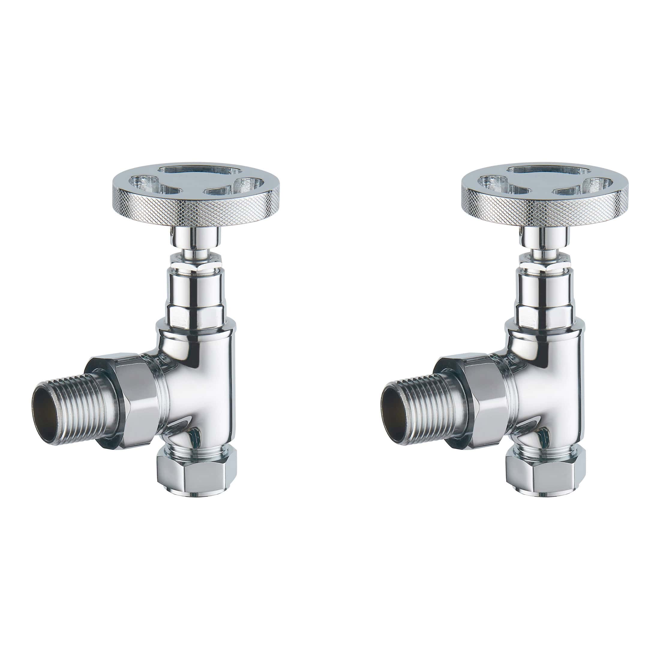 Chrome bathroom radiator valves, high-quality adjustable valve set for modern bathroom heating systems, compatible with various radiators, stylish and durable fixture for bathroom decor.
