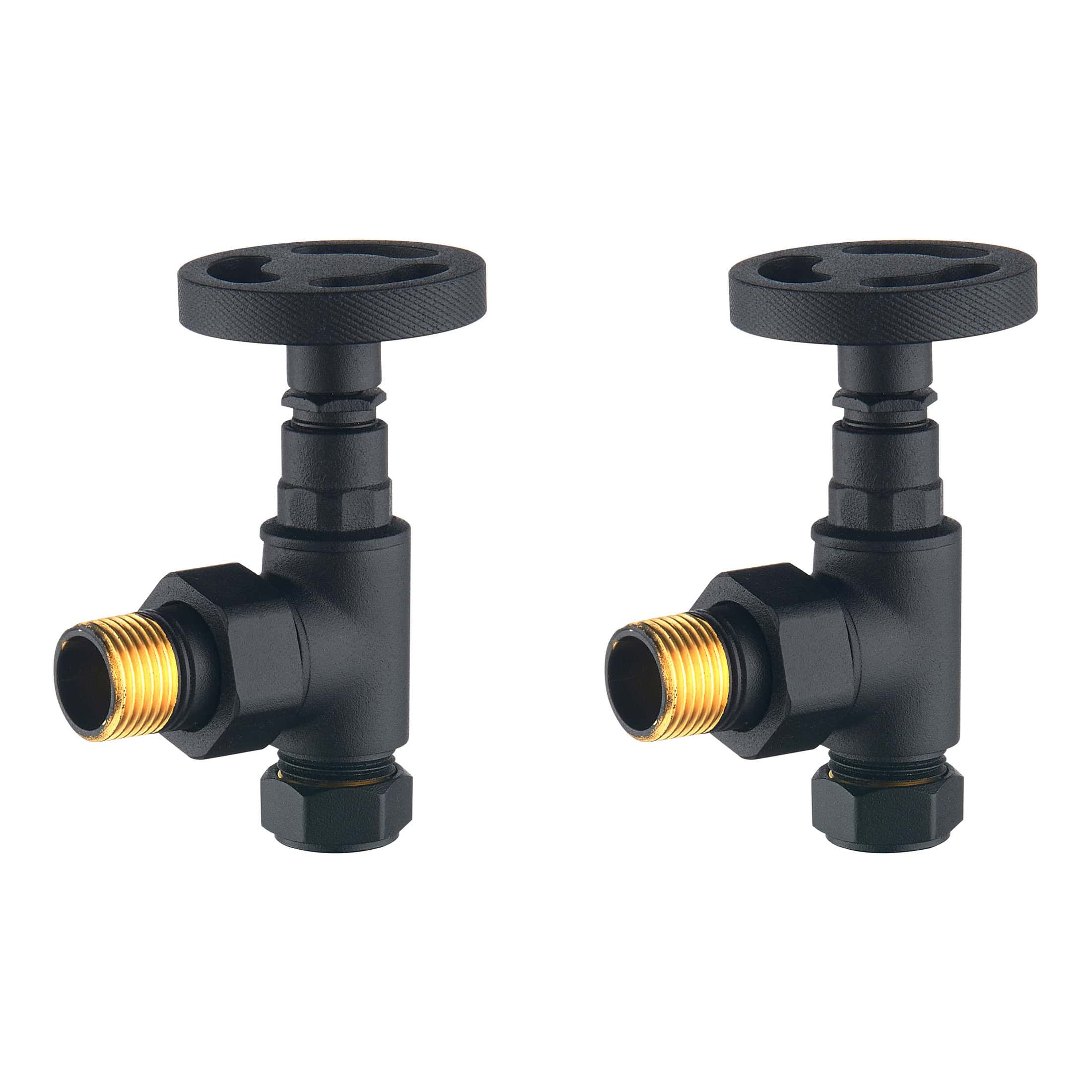 Two black radiator valve fittings with brass threaded ends for bathroom heating system installation, featuring adjustable control handles made of durable plastic, ideal for bathroom radiator upgrades.
