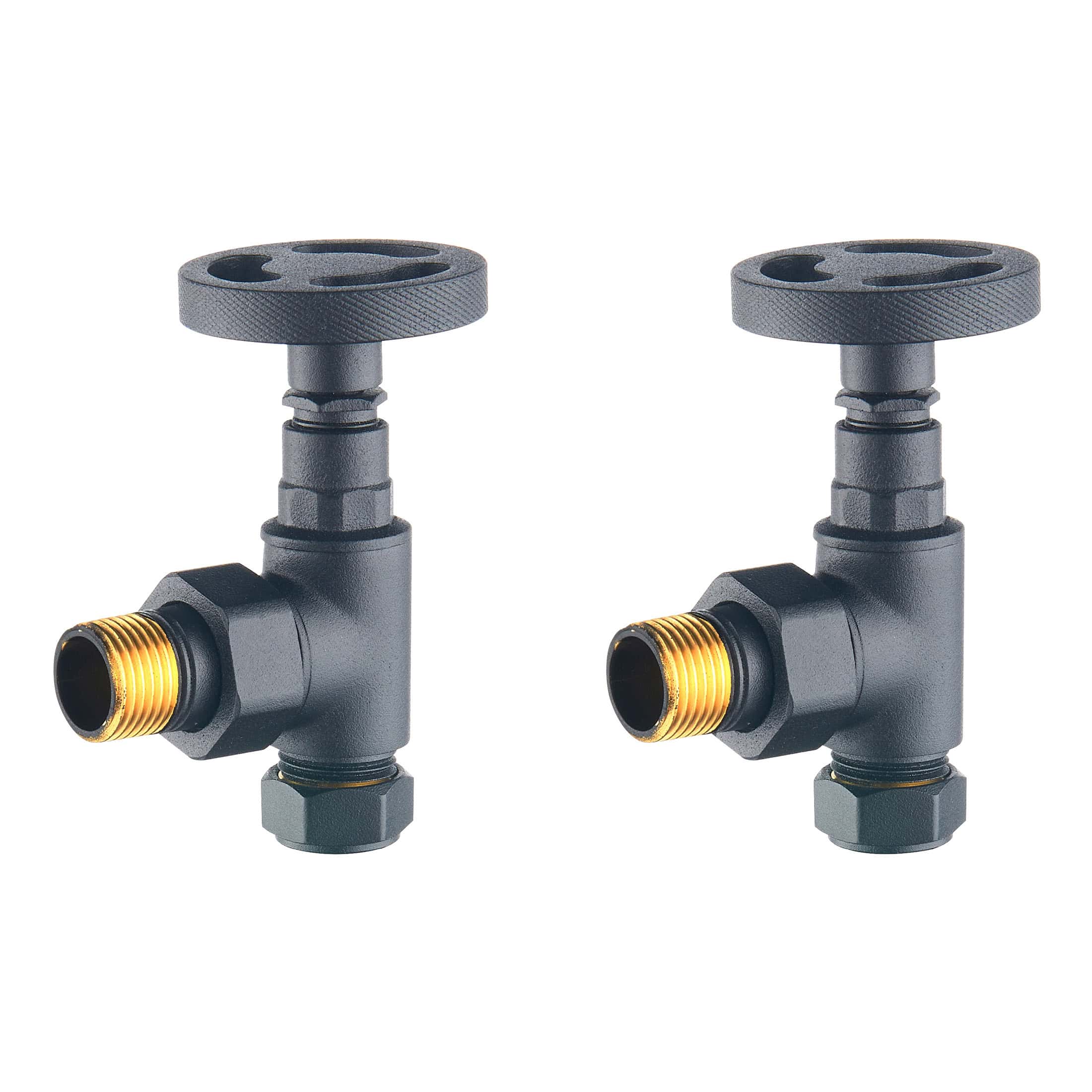 Black radiator valve isolation valves with brass threaded connectors, suitable for bathroom heating systems and radiator installation. Ideal for controlling flow and ensuring easy maintenance in UK bathrooms.