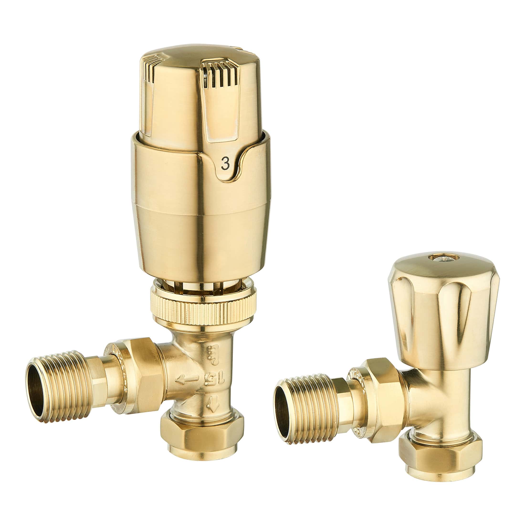 Brass radiator valve set with adjustable thermostatic heads, ideal for modern bathroom heating systems. Features precise temperature control and easy installation, perfect for bathroom upgrades and efficient heating.