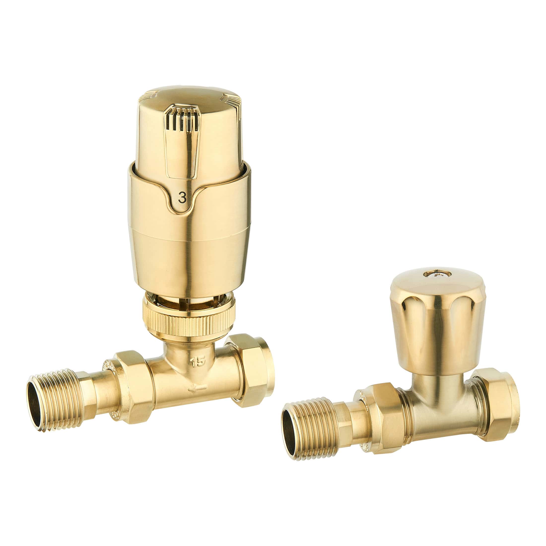 Brass radiator thermostatic valves for bathroom heating control, modern design, high quality, and durable materials, ideal for contemporary bathroom renovation and plumbing systems.