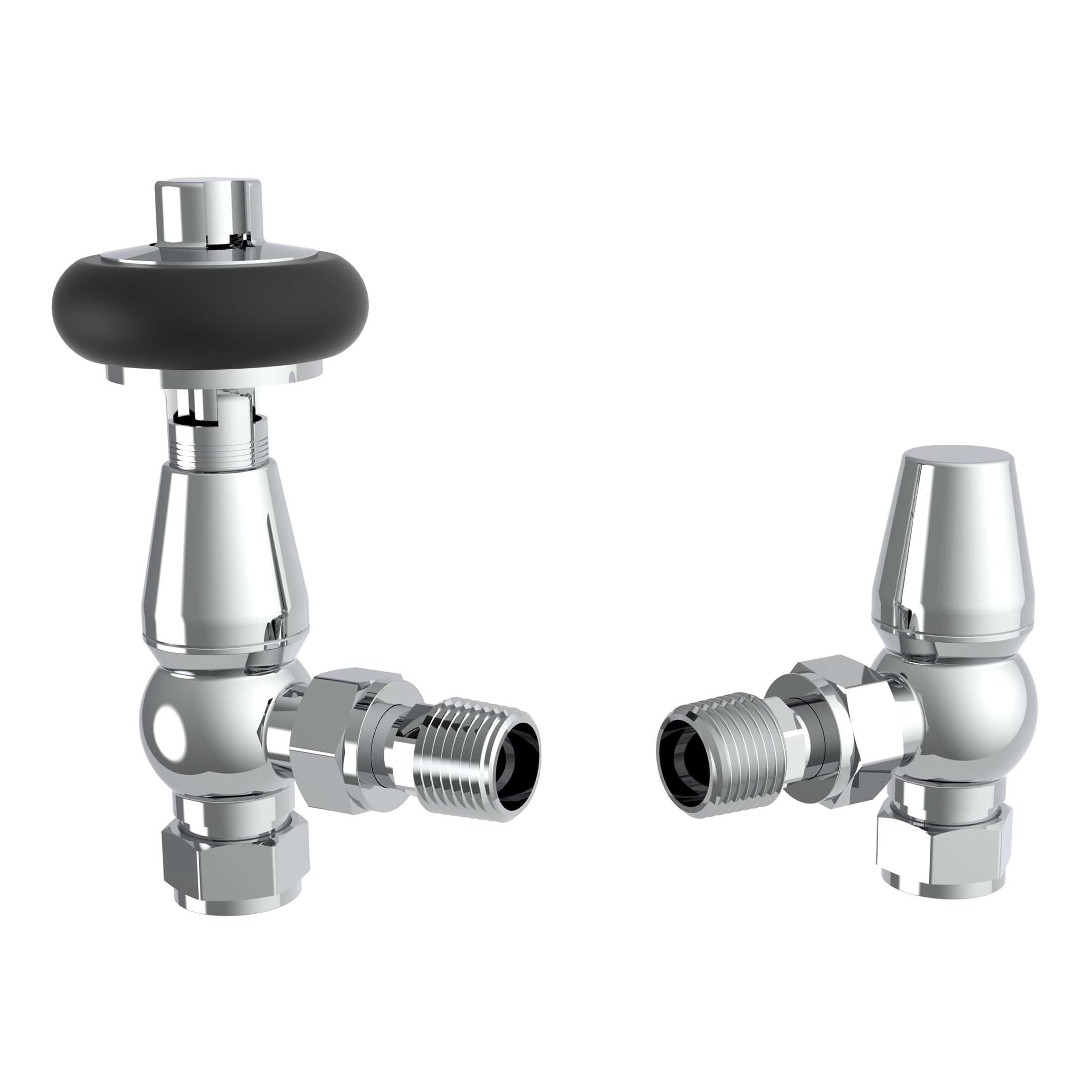 Chrome bathroom radiator valves with black rubber caps, modern plumbing fixtures for efficient heat control in bathrooms. Perfect for upgrading your bathroom radiator system.