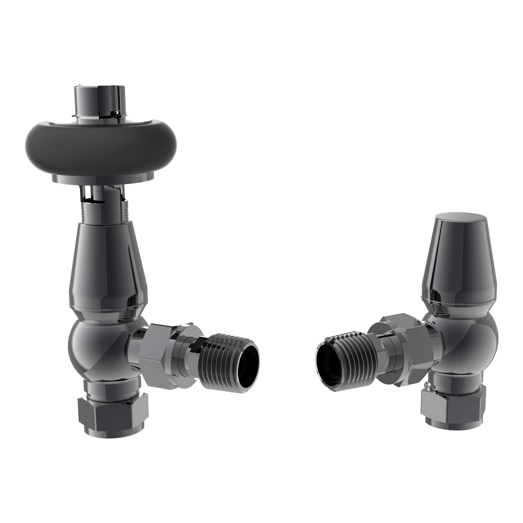 Brass radiator valves in black, adjustable thermostatic control for bathroom heating, compatible with central heating systems. Sleek, modern design for contemporary bathroom decor.
