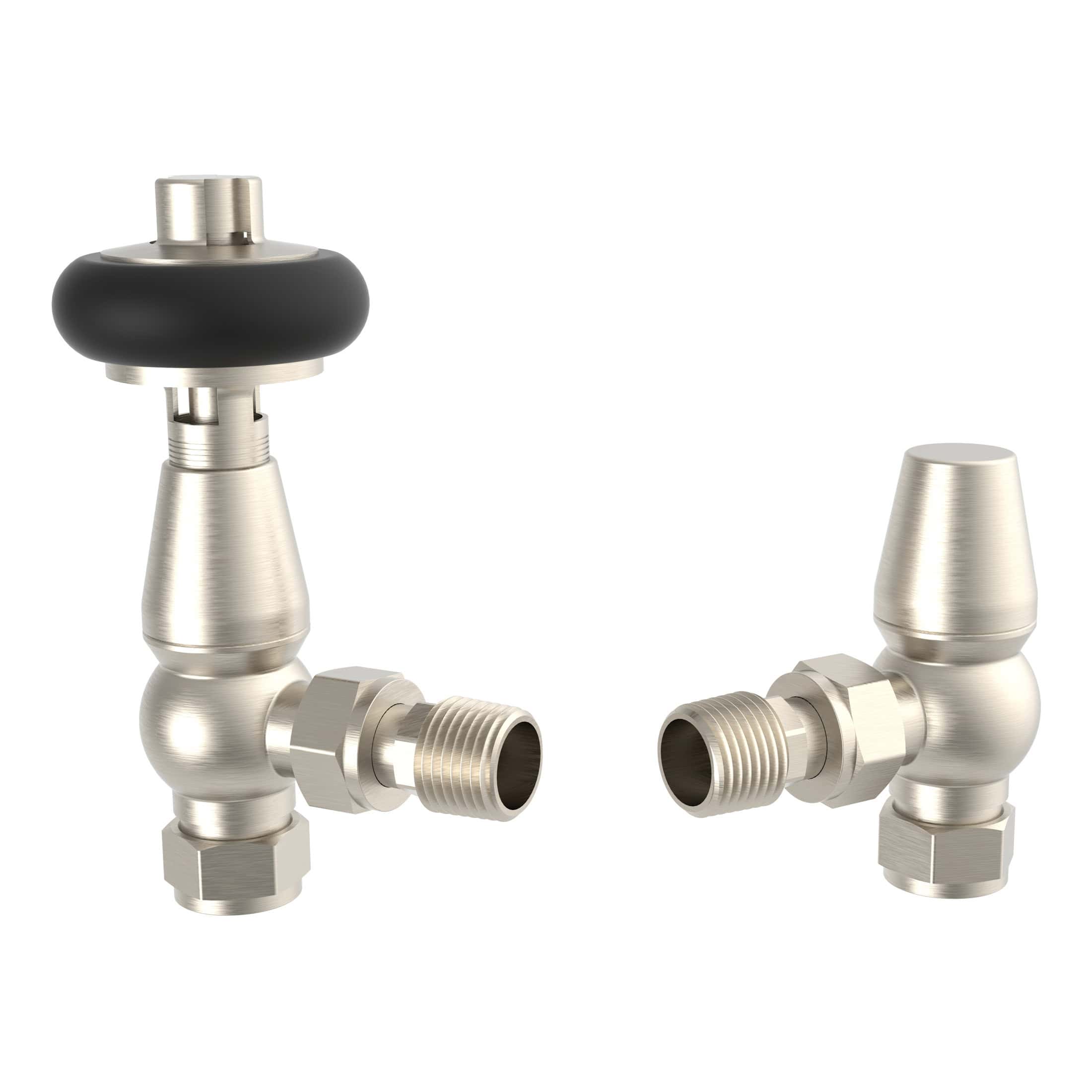 Brass radiator valves with black and silver finish, designed for bathroom heating systems, featuring a modern and durable construction. Perfect for Bubly Bathrooms installations.