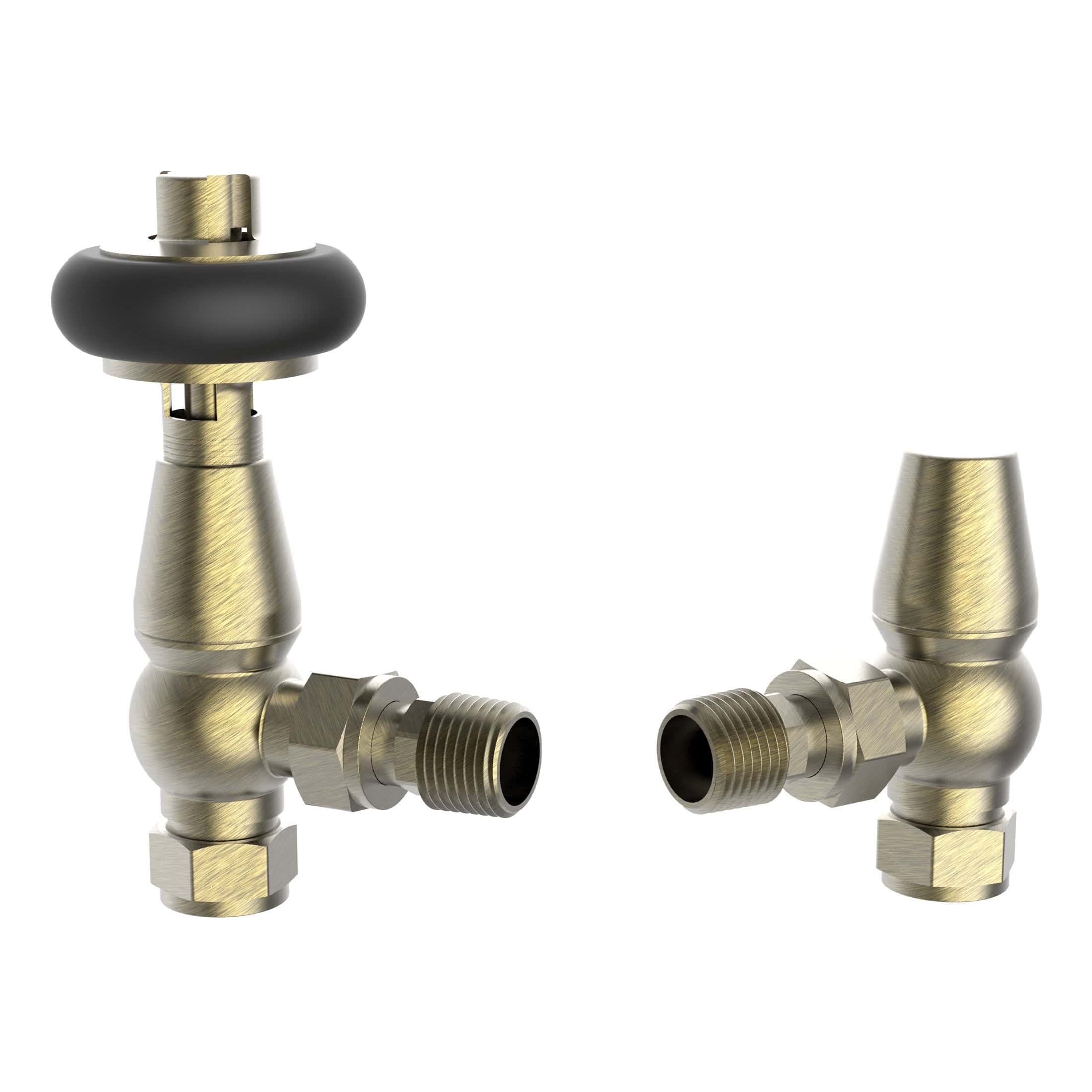 Brass bathroom radiator valves with black rubber seals, designed for efficient water flow control, compatible with various domestic heating systems.
