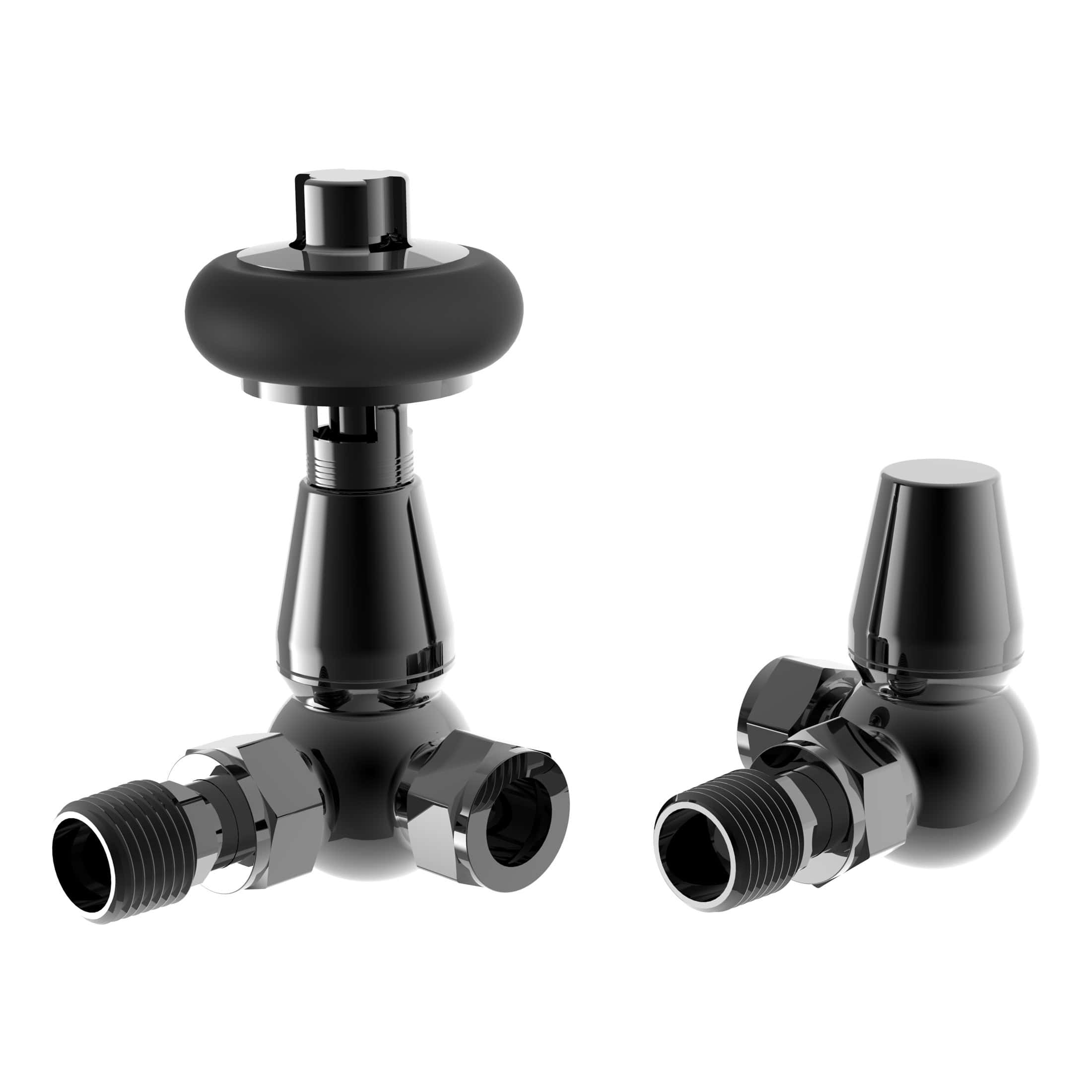 Compression fittings with black valve handles, essential for bathroom plumbing installations. Ideal for connecting pipes seamlessly in bathroom and plumbing systems.