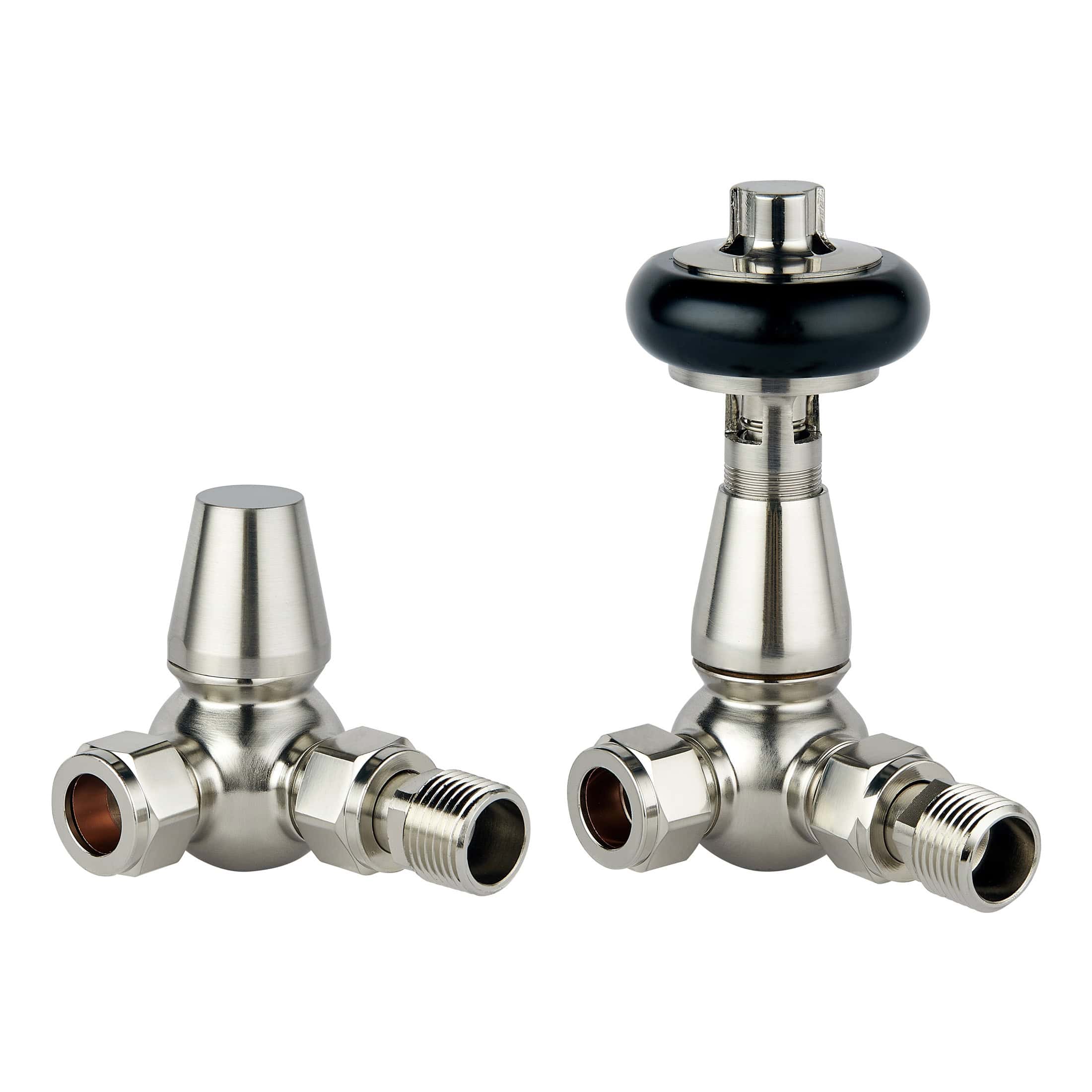 Stainless steel radiator valve set with black valve handle for bathroom heating control, featuring precision engineering and durable design, ideal for modern bathroom installations.