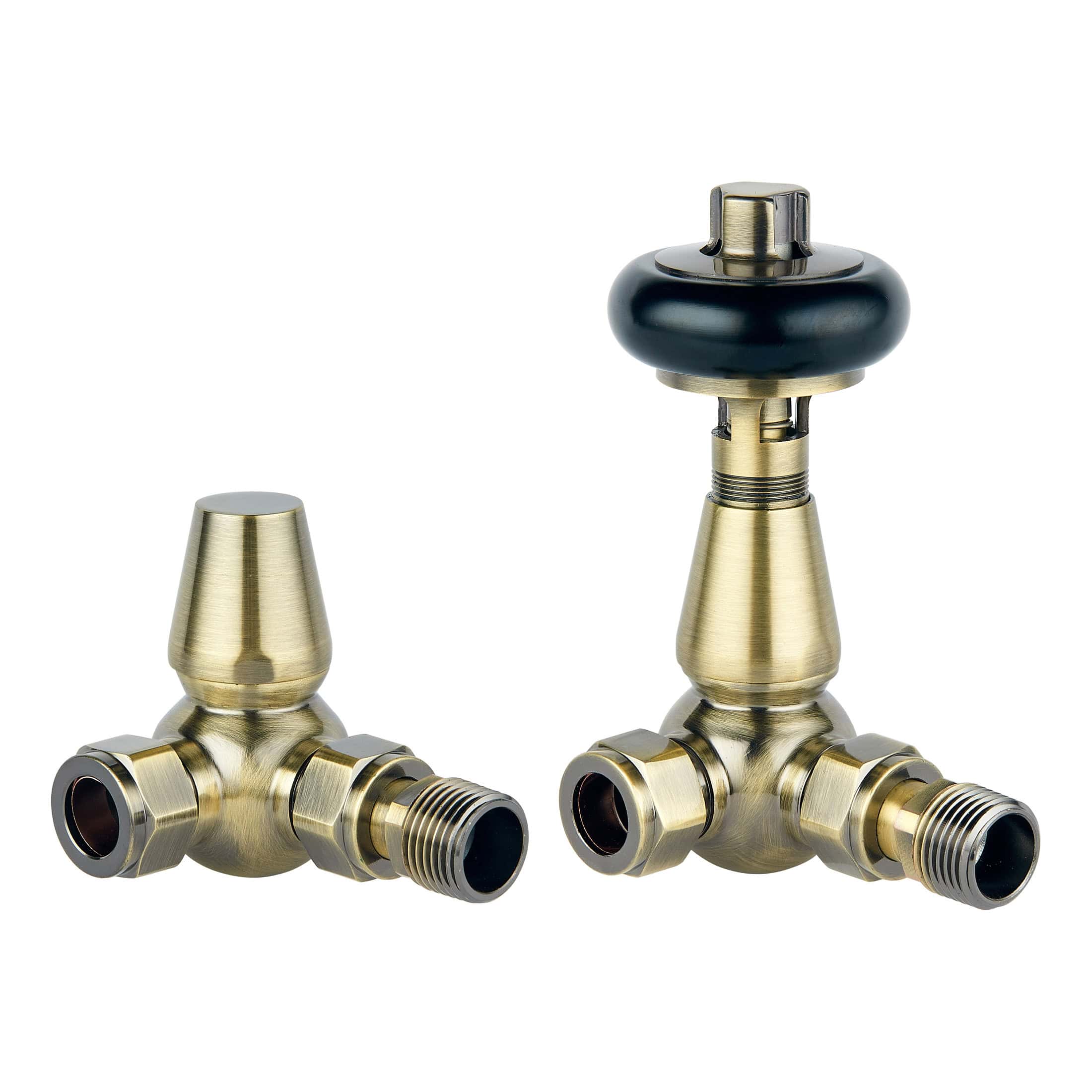 Brass radiator valves set for bathroom heating, featuring traditional design and adjustable handles, perfect for modern or classic bathroom radiator systems.
