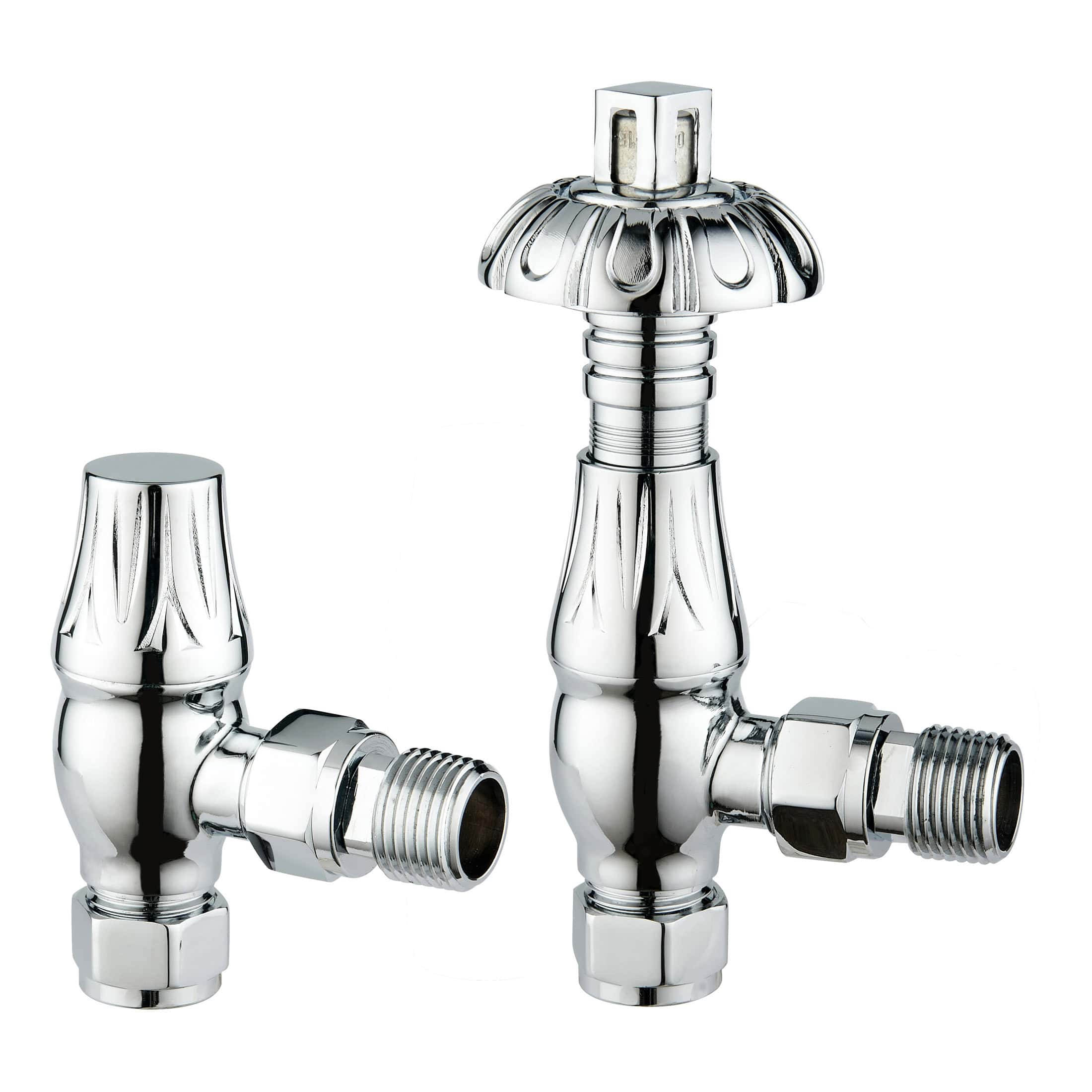 Polished chrome bathroom hot and cold tap valves with threaded connections, ideal for bathroom sink or bathtub installation. Durable, stylish fixtures from Bubly Bathrooms for modern bathroom designs.