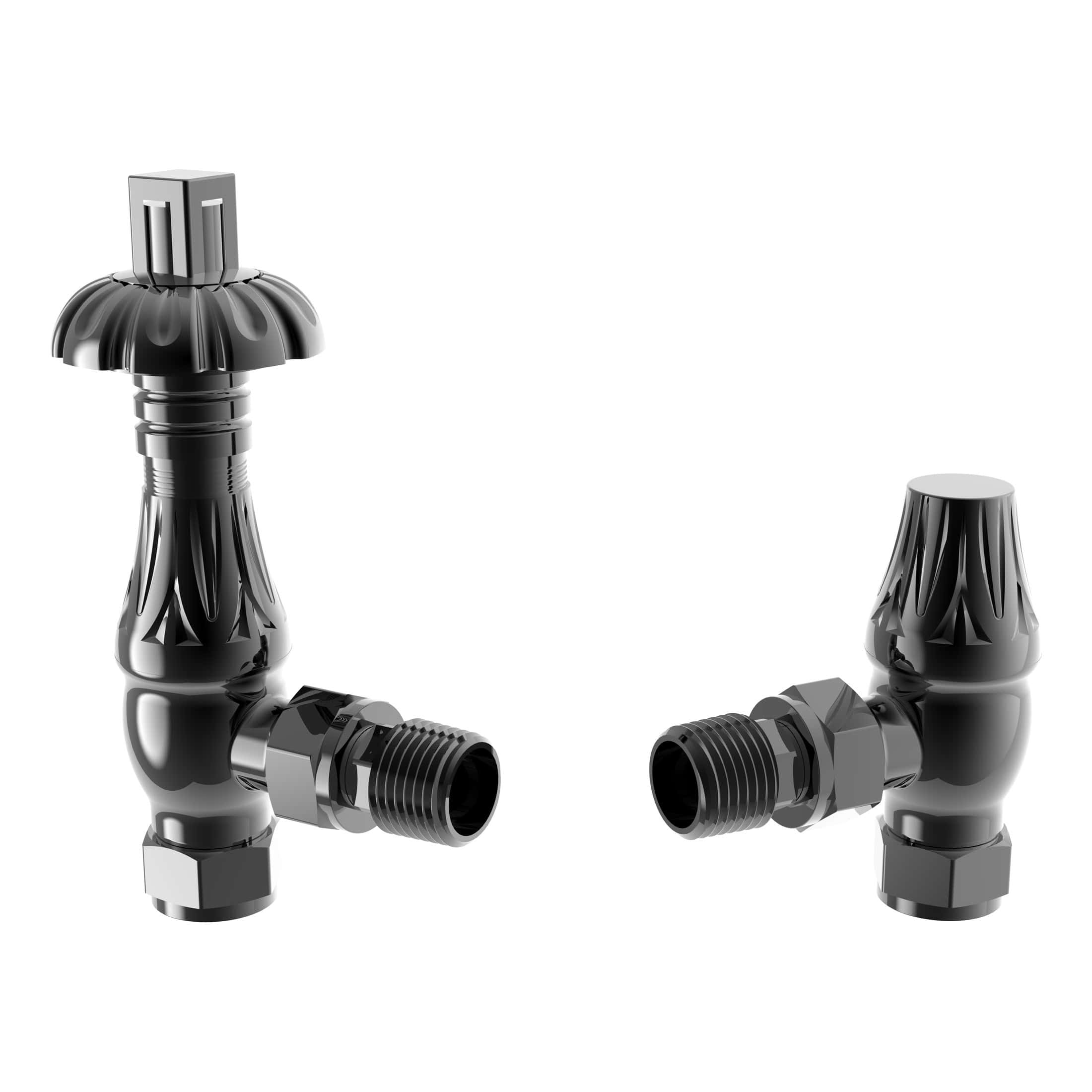 Flexible radiator valve fittings for modern bathroom heating systems, showcasing sleek black chrome finish for stylish and functional plumbing solutions.