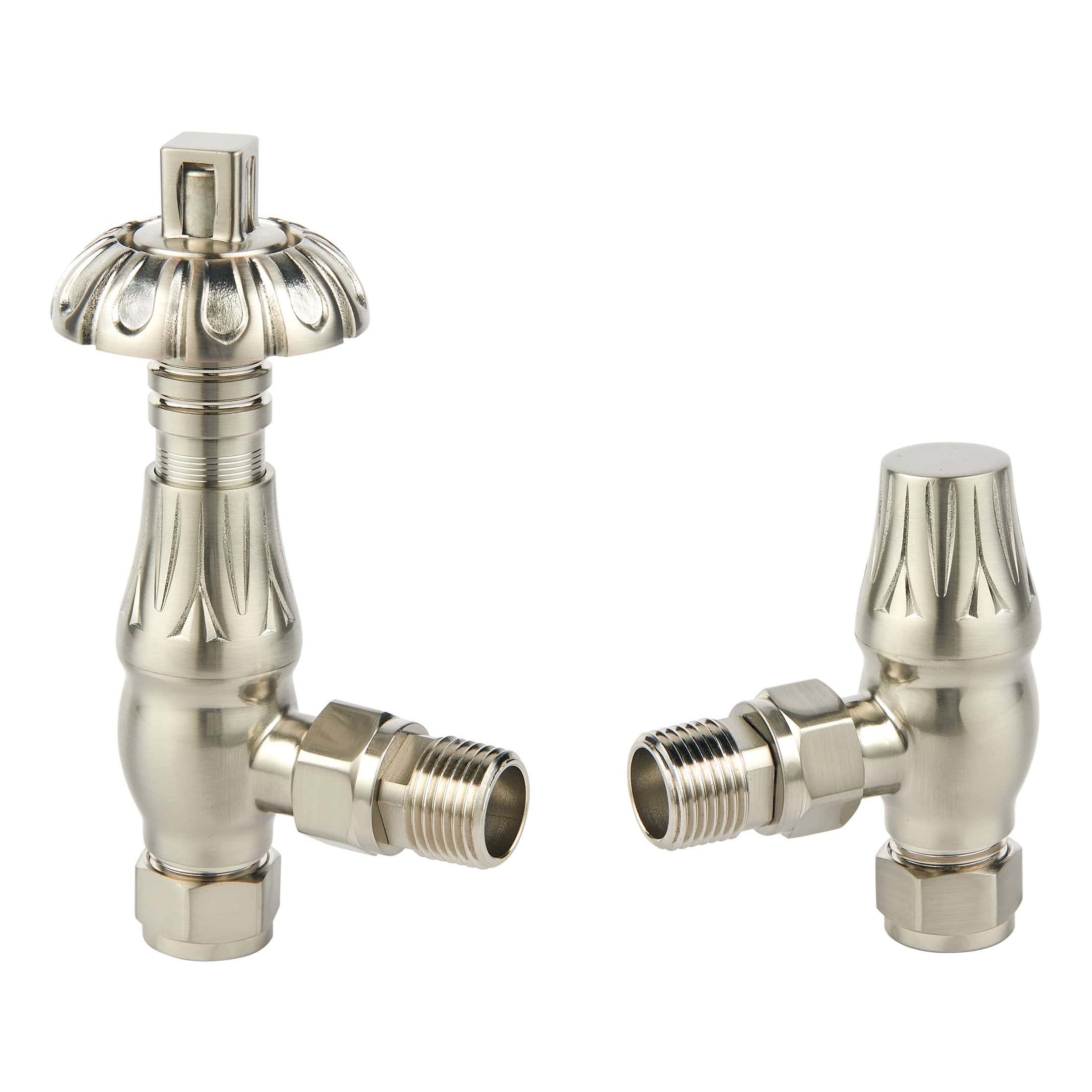Polished chrome bathroom radiator valves with decorative design, perfect for enhancing modern bathroom decor and ensuring efficient heat control.