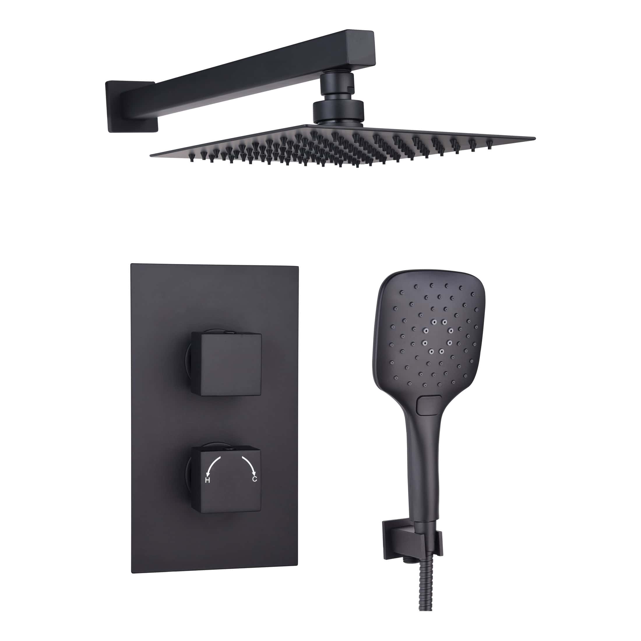 Sleek black rainfall shower head with wall-mounted controls and handheld shower for modern bathroom design.