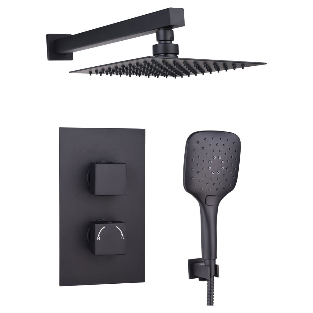 Tailored Square Thermostatic 2 Outlet 2 Handel Concealed Shower Kit With Shower Head - Black