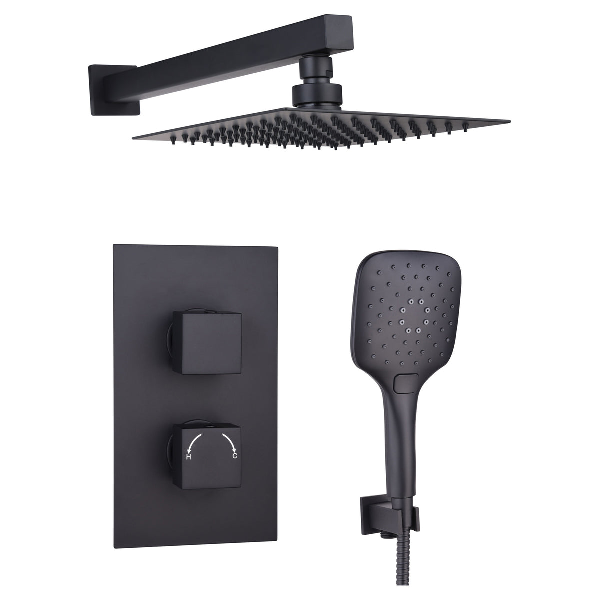 Tailored Square Thermostatic 2 Outlet 2 Handel Concealed Shower Kit With Shower Head - Black - 346