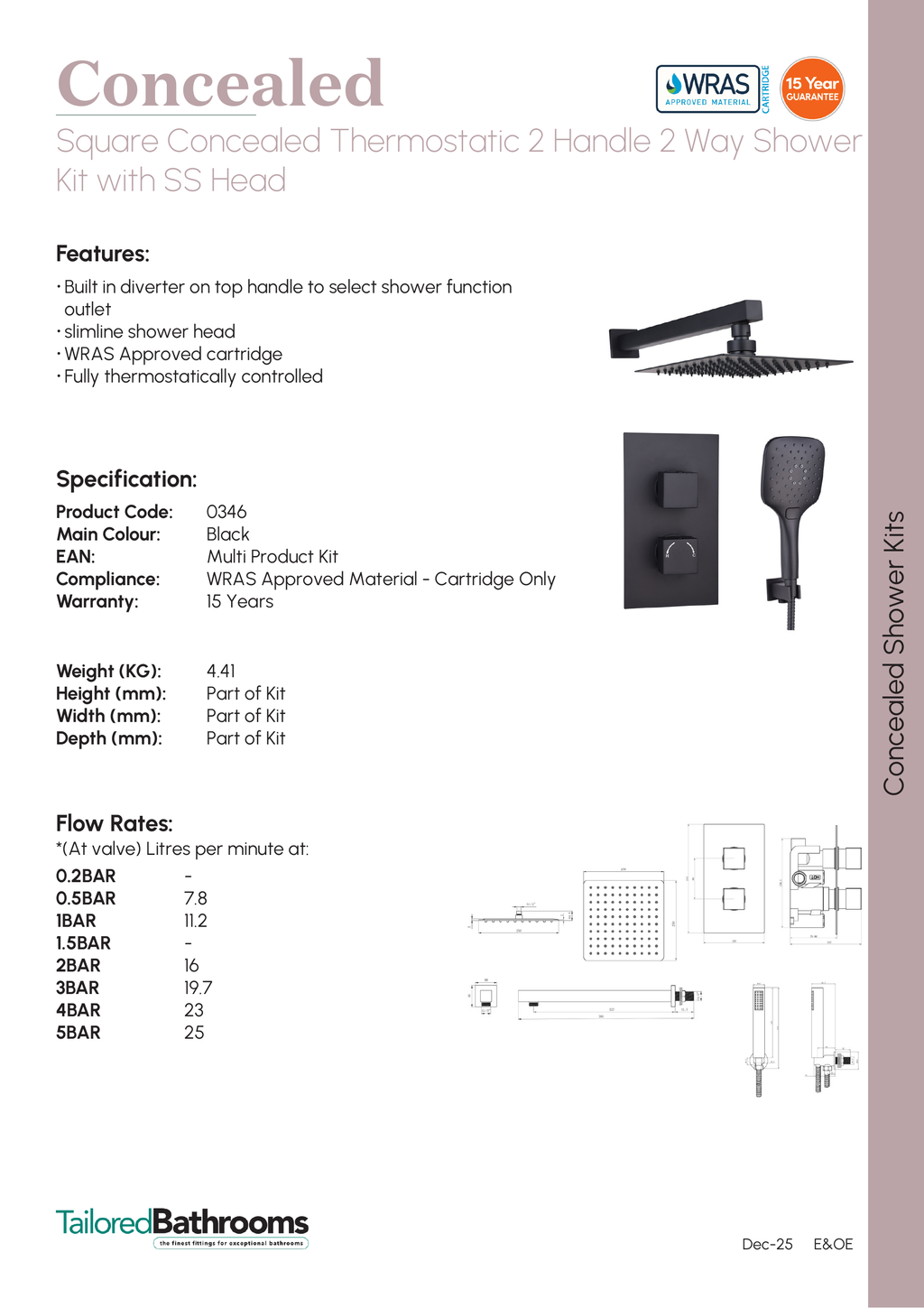 Tailored Square Thermostatic 2 Outlet 2 Handel Concealed Shower Kit With Shower Head - Black - specification sheet with technical drawing and dimensions