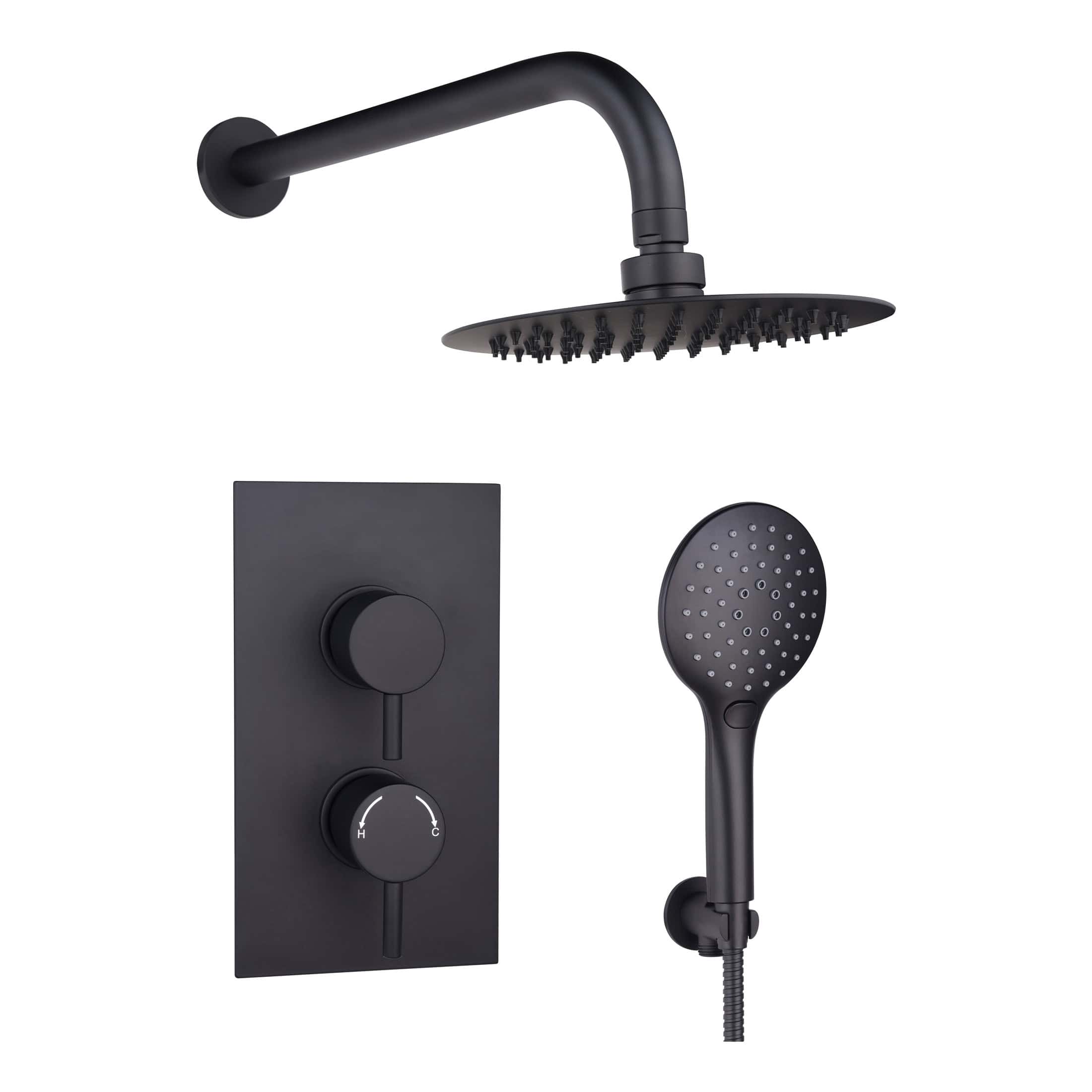 Sleek black shower system with rain shower head, hand shower, and temperature controls, ideal for modern bathrooms and versatile showering experiences.