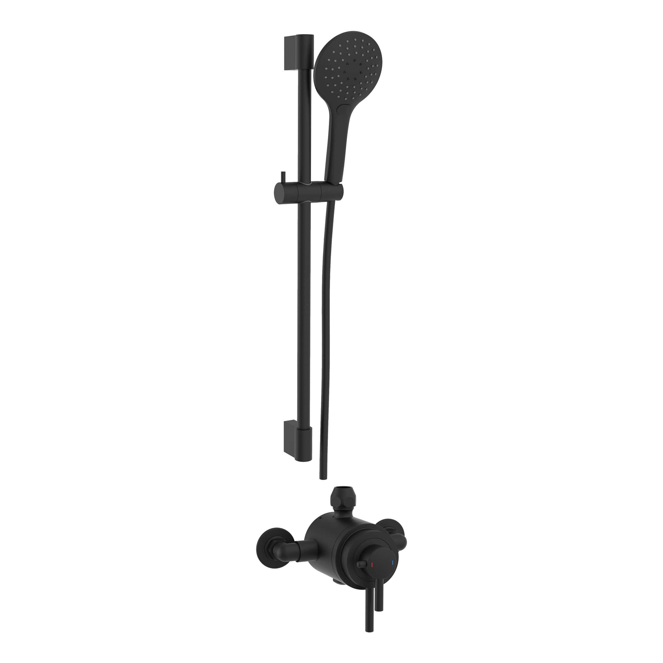 High-quality black bathroom shower system with handheld showerhead, adjustable rail, and wall-mounted mixer tap, ideal for modern Bubly Bathrooms’ stylish wet room and shower designs.