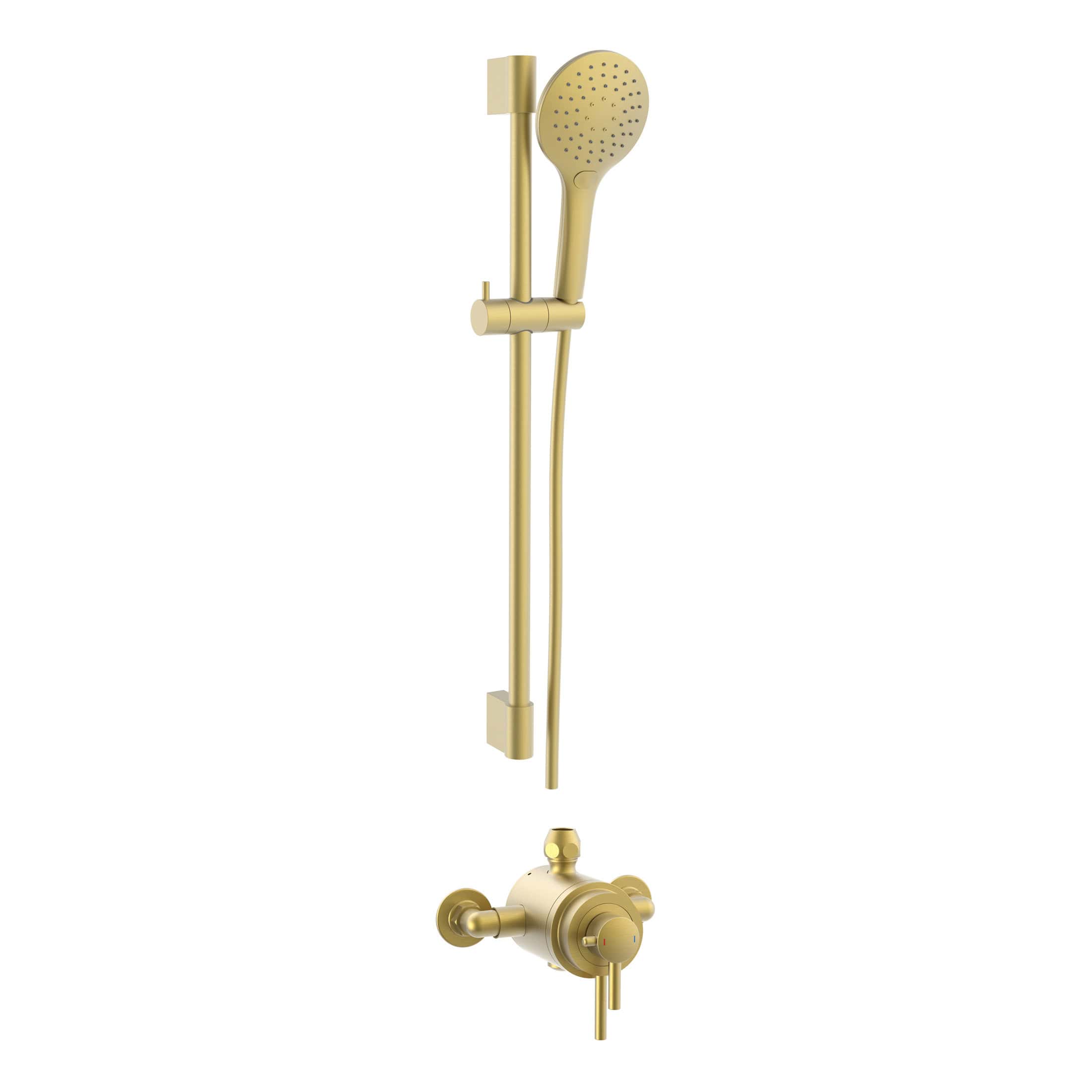 Shower set with gold finish, including handheld shower head, adjustable slider, and wall mounting bracket, designed for modern bathroom bathrooms and luxury shower experiences.