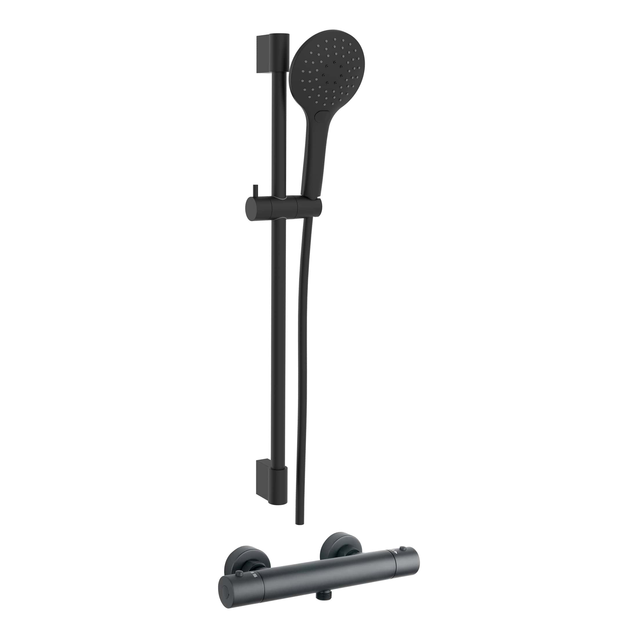 Black modern shower head and bar set for luxury bathroom design.