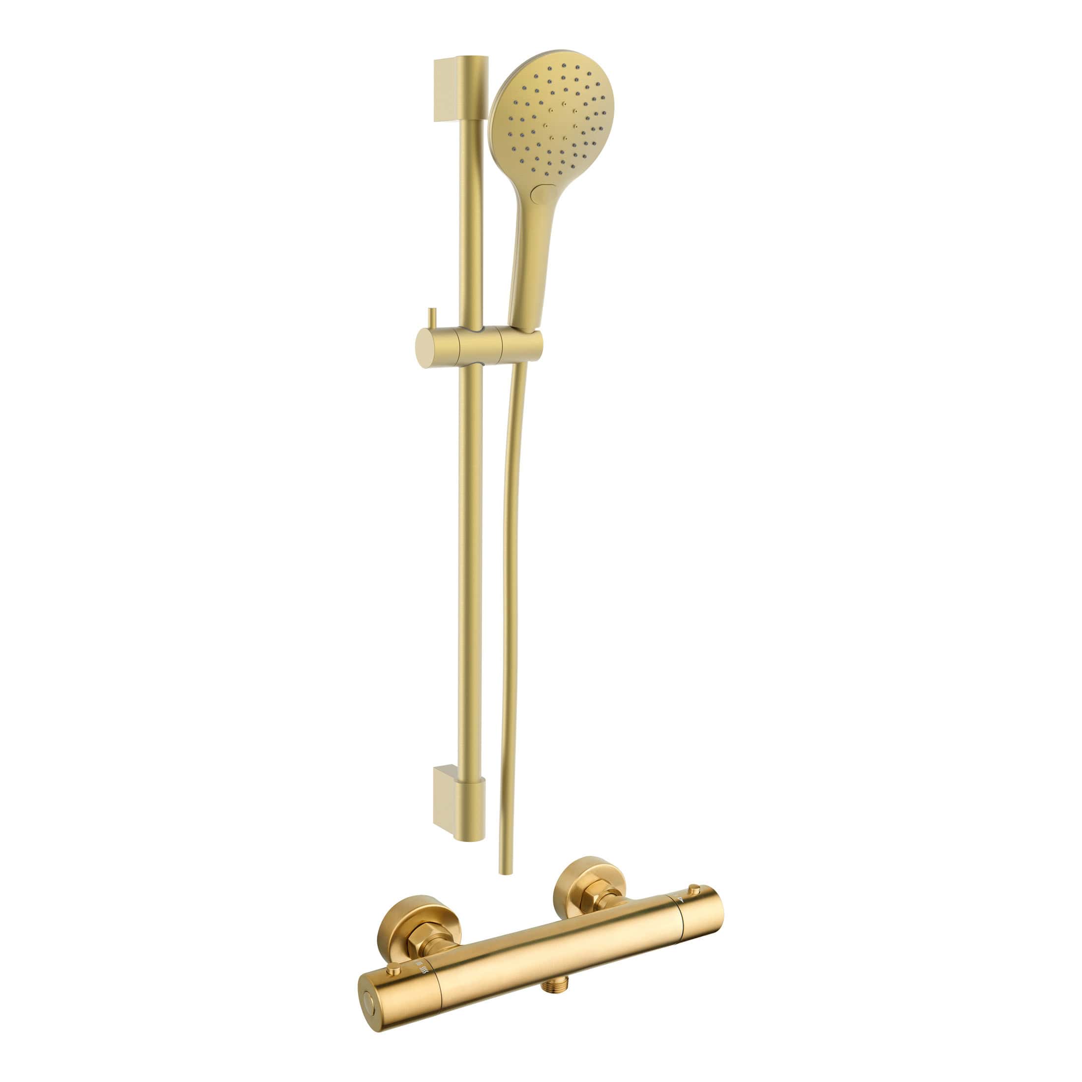Polished gold shower system with handheld showerhead and thermostatic mixer valve for modern bathroom luxury.
