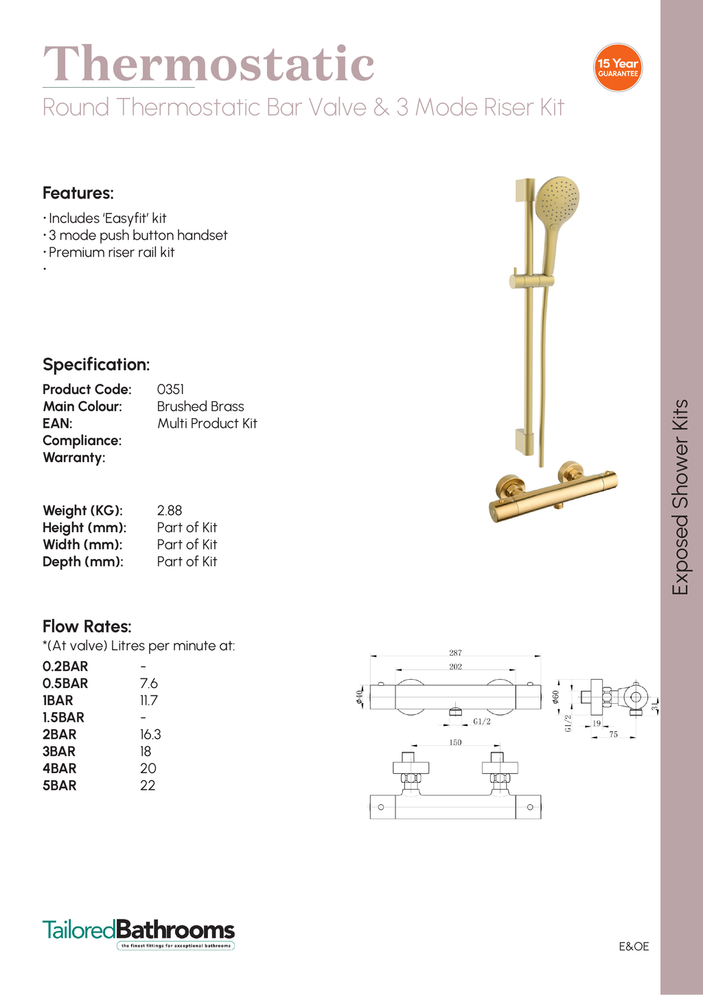 Tailored Round 1 Outlet Thermostatic Bar Shower Valve With 3 Mode Riser Rail Kit - specification sheet with technical drawing and dimensions