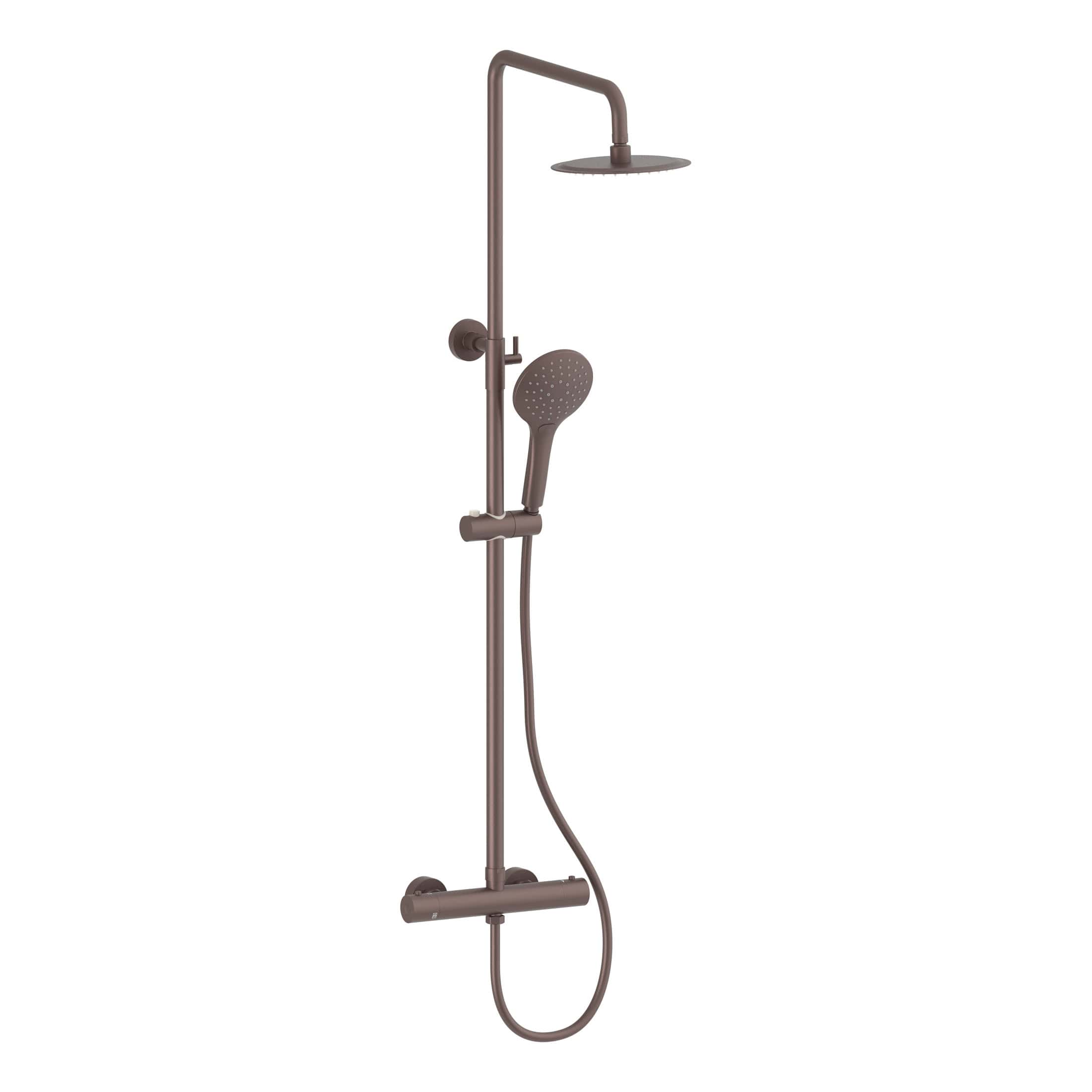 Modern matte bronze bathroom shower system with overhead rain shower and handheld shower head for luxury bathroom upgrades.