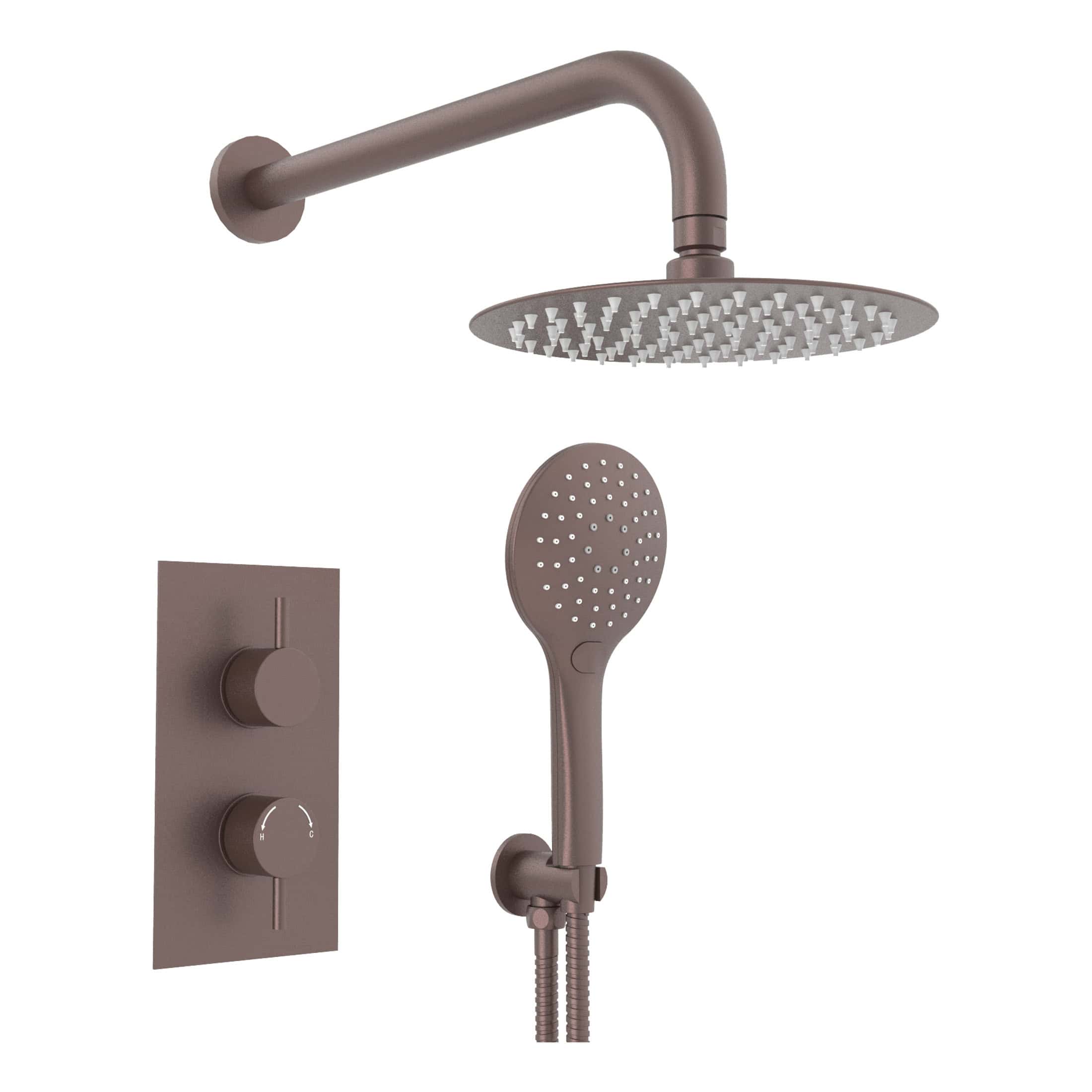 Modern matte bronze shower head and hand-held shower set with thermostatic mixer for luxury bathroom upgrades. Durable design suitable for contemporary shower rooms.