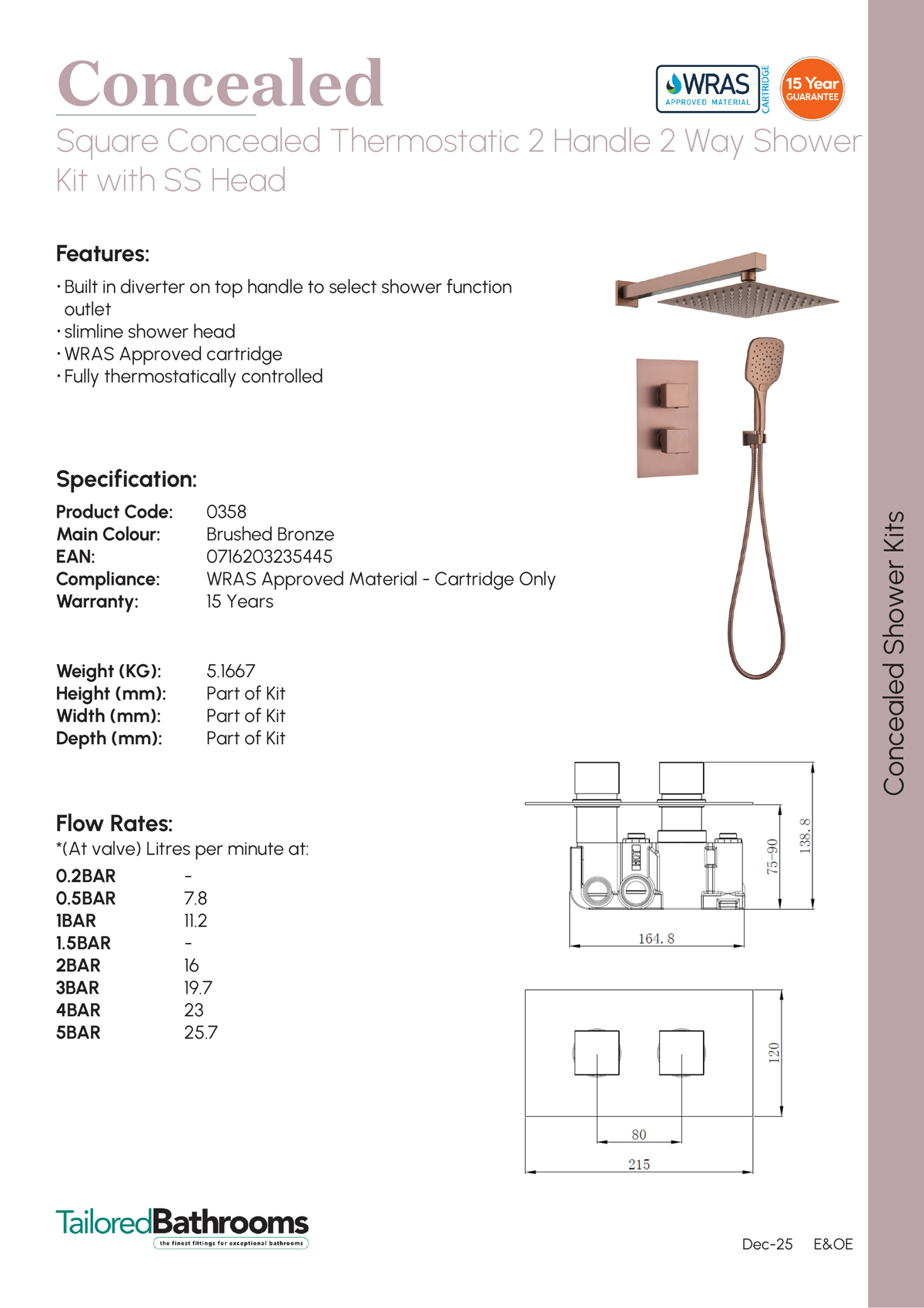 Tailored Square Concealed Thermostatic 2 Handle 2 Way Shower Kit with SS Head - specification sheet with technical drawing and dimensions