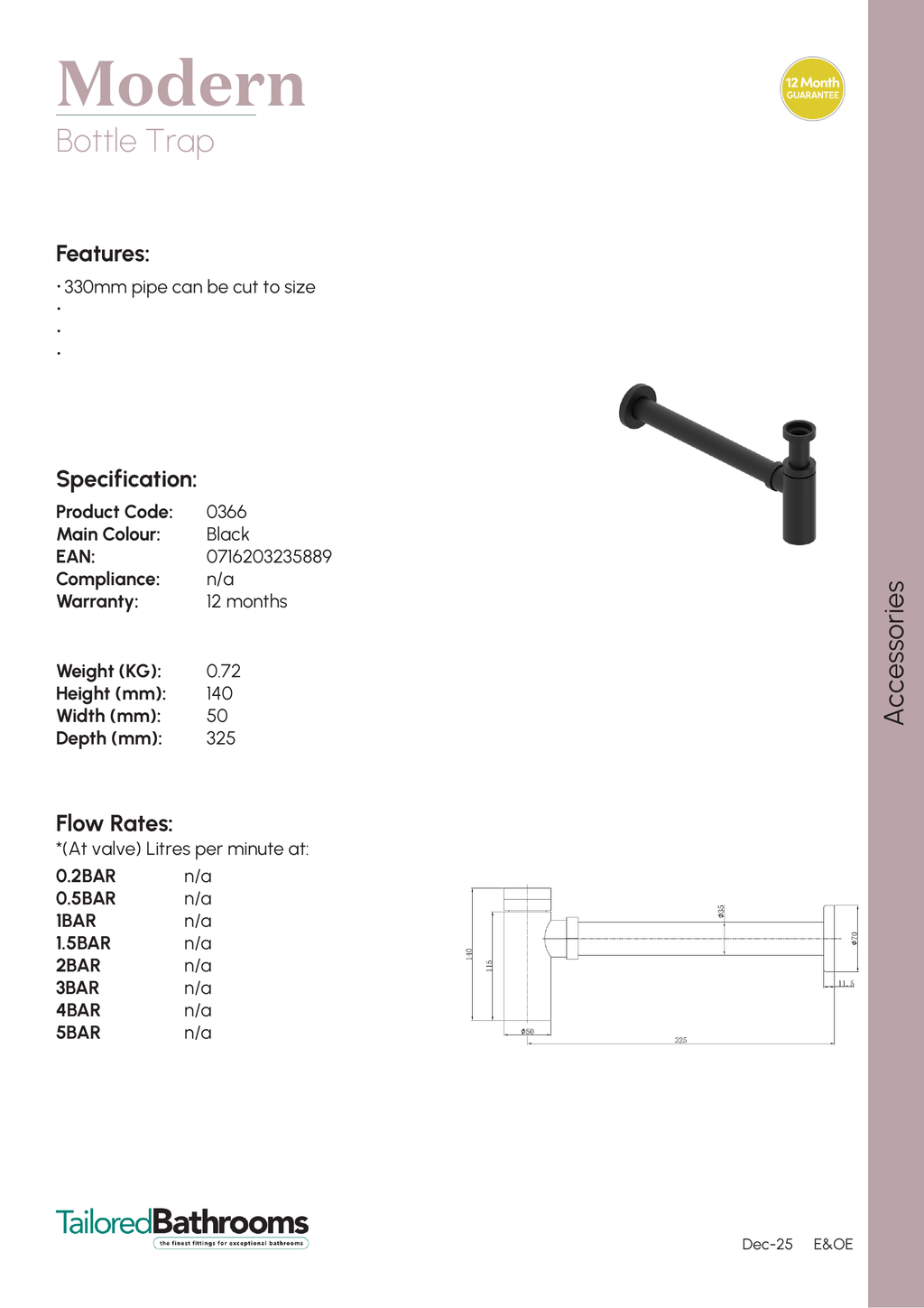 Tailored Modern Bottle Trap - specification sheet with technical drawing and dimensions