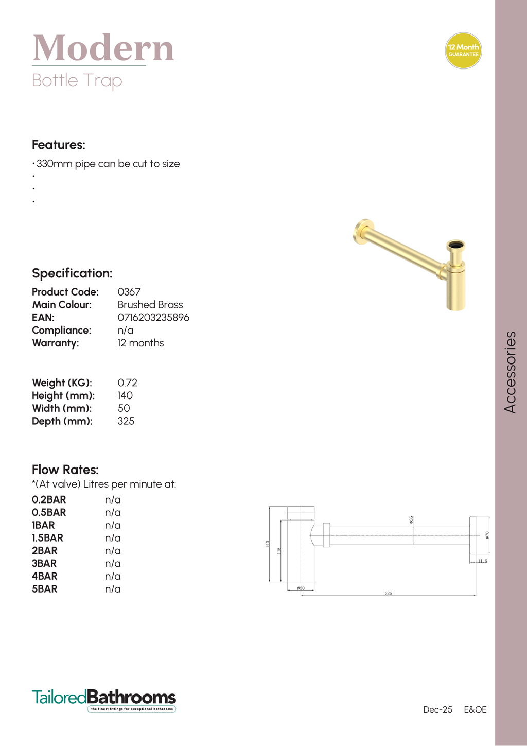 Tailored Modern Bottle Trap - specification sheet with technical drawing and dimensions