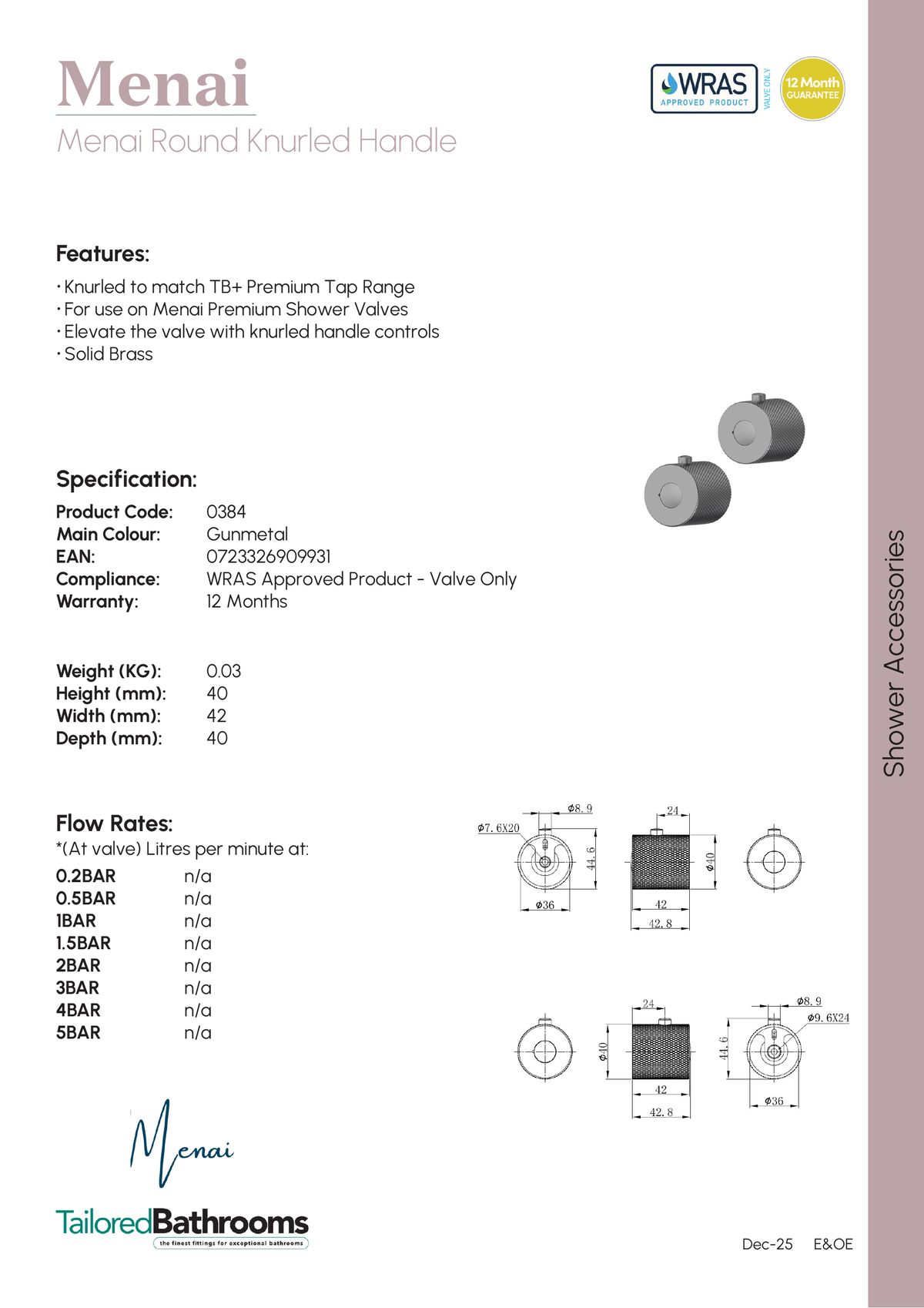 Tailored Menai Round Knurled Handle Brushed Bronze - specification sheet with technical drawing and dimensions