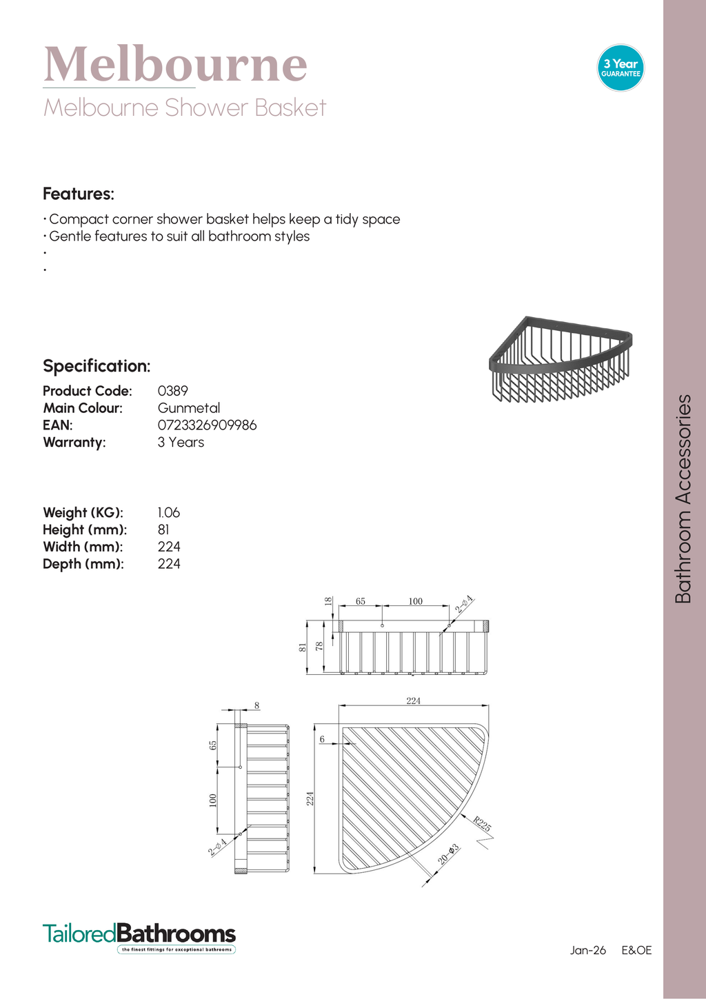 Tailored Melbourne Shower Basket Gunmetal - specification sheet with technical drawing and dimensions
