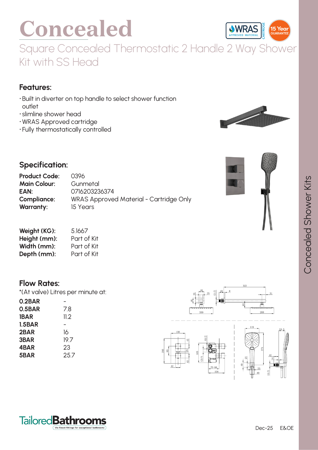 Tailored Square Concealed Thermostatic 2 Handle 2 Way Shower Kit with SS Head - specification sheet with technical drawing and dimensions