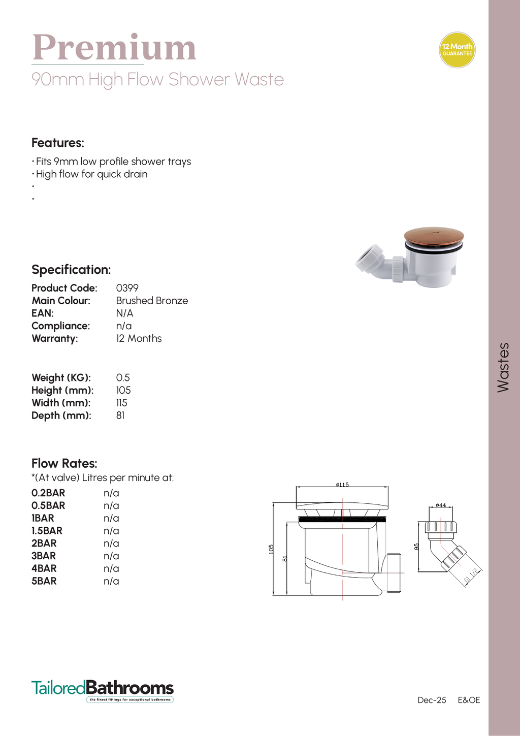 Tailored Premium 90mm High Flow Shower Waste with Brushed Bronze Cover - specification sheet with technical drawing and dimensions