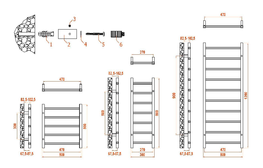 Reina Serena Brushed Brass Heated Towel Rail - technical drawing with dimensions