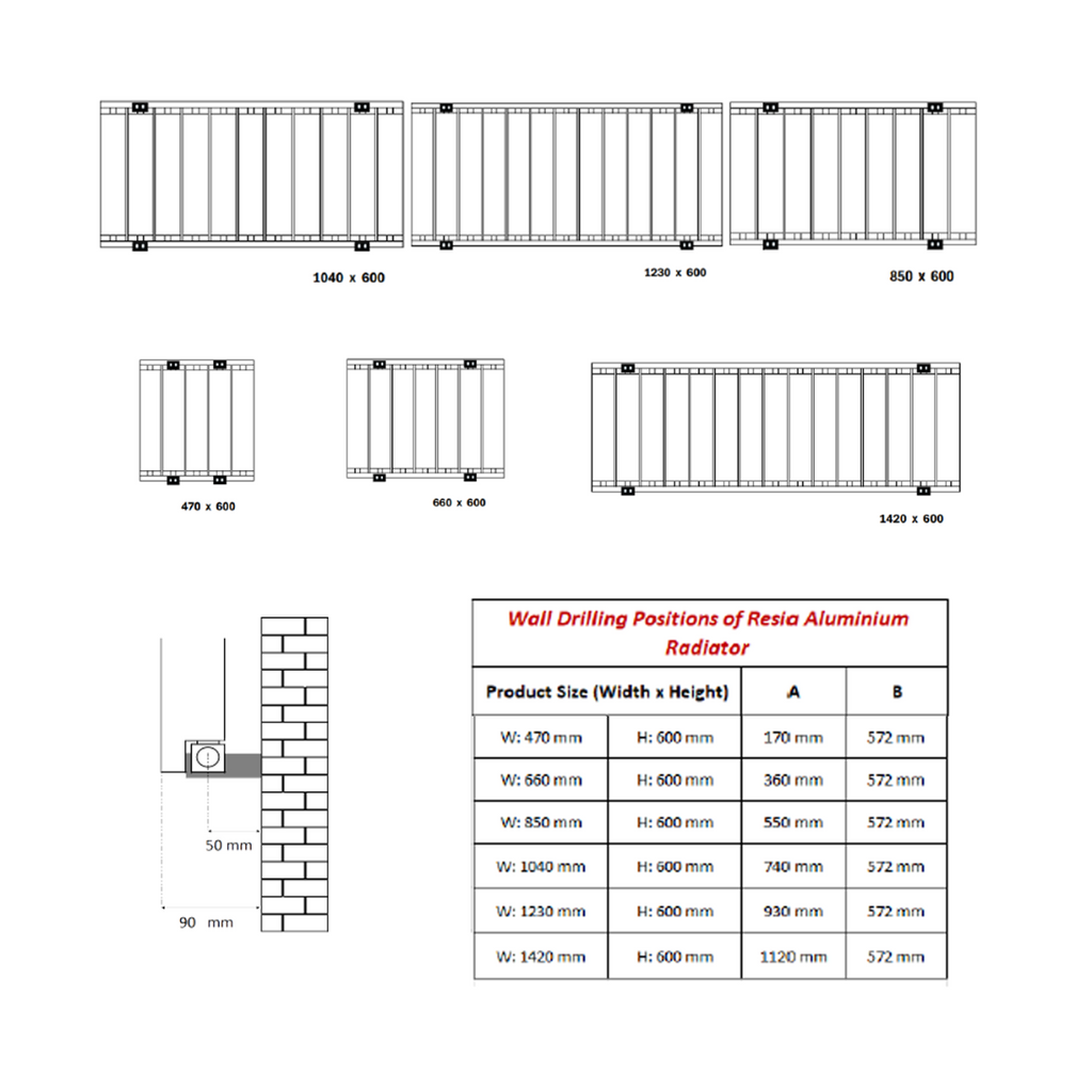 Reina Resia Horizontal Anthracite Designer Radiator - technical drawing with dimensions