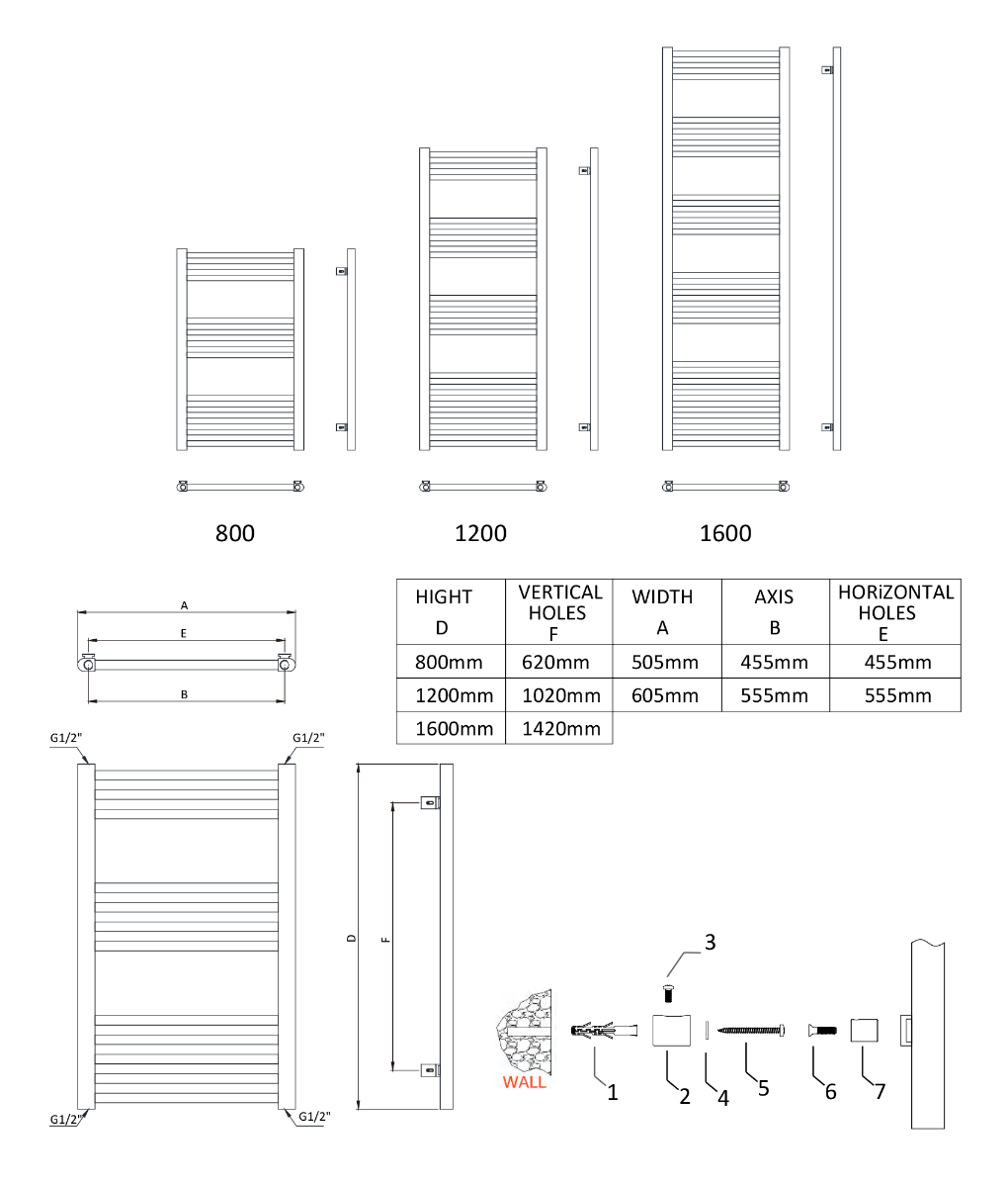 Reina Ottone Brushed Brass Heated Towel Rail - technical drawing with dimensions