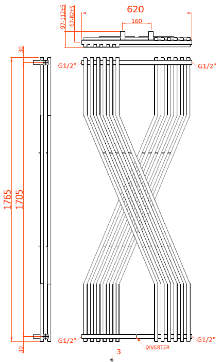 Reina Coredo Anthracite Designer Radiator - technical drawing with dimensions