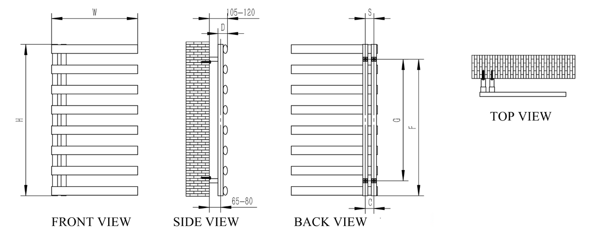 Reina Cavo Polished Stainless Steel Heated Towel Rail - technical drawing with dimensions