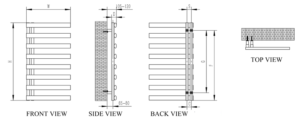 Reina Cavo Brushed Stainless Steel Heated Towel Rail - technical drawing with dimensions