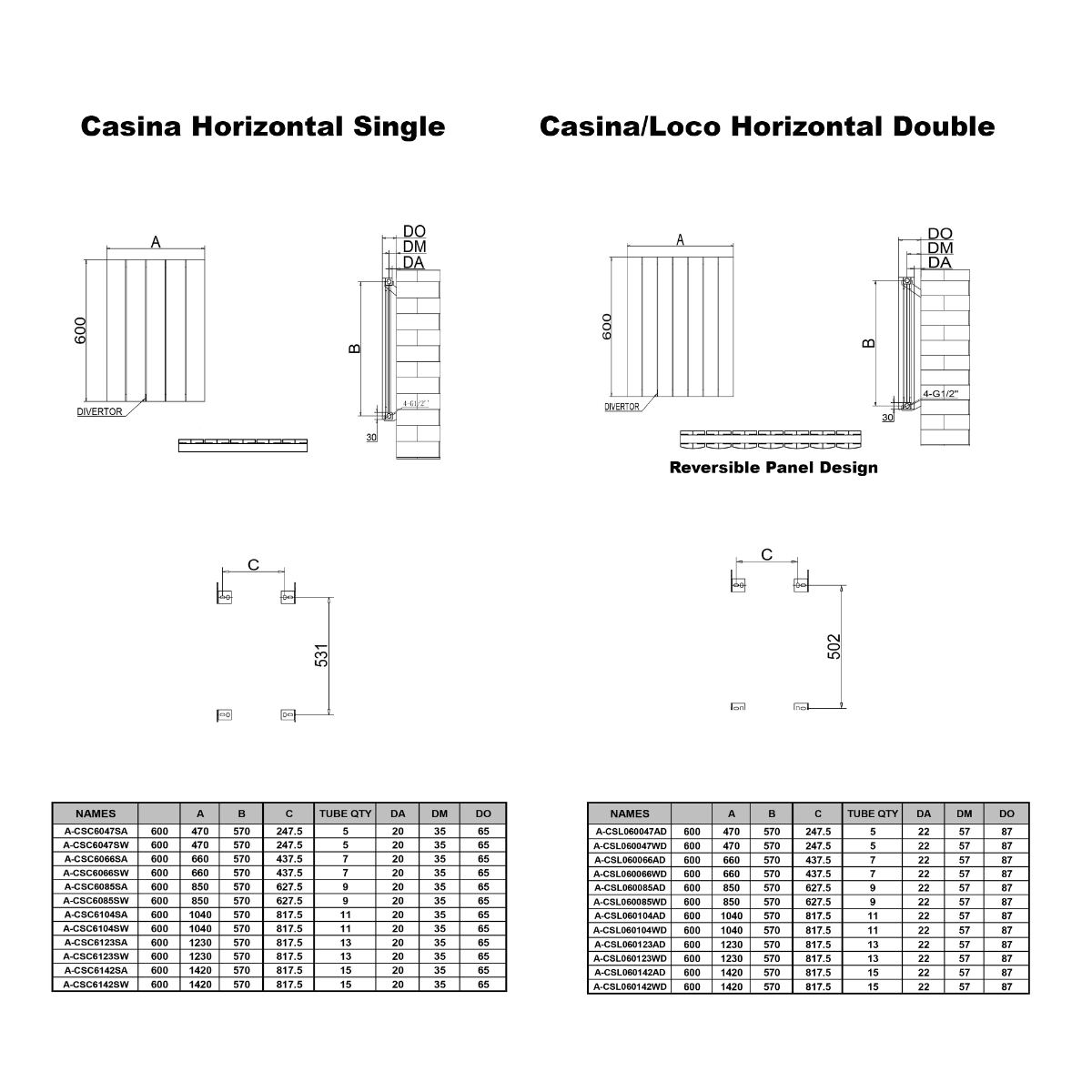 Reina Casina Horizontal Double Anthracite Designer Radiator - technical drawing with dimensions