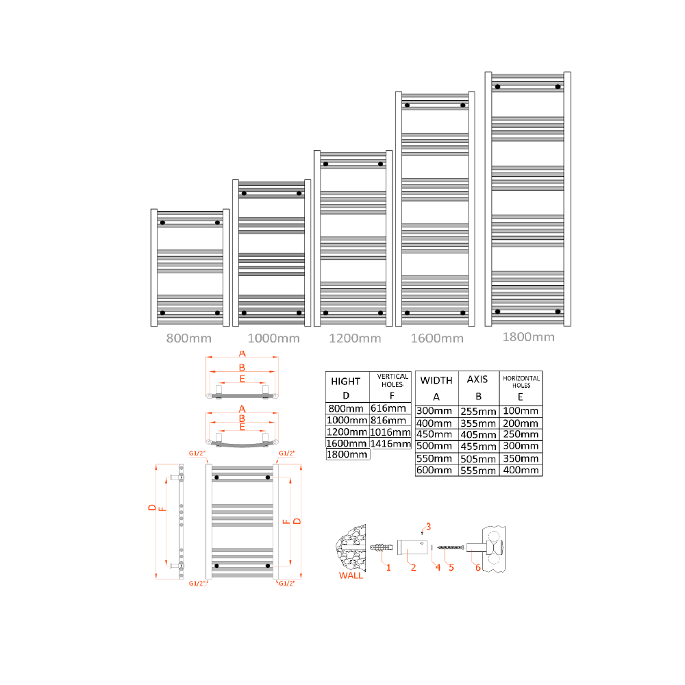 Reina Capo Curved Chrome Heated Towel Rail - technical drawing with dimensions