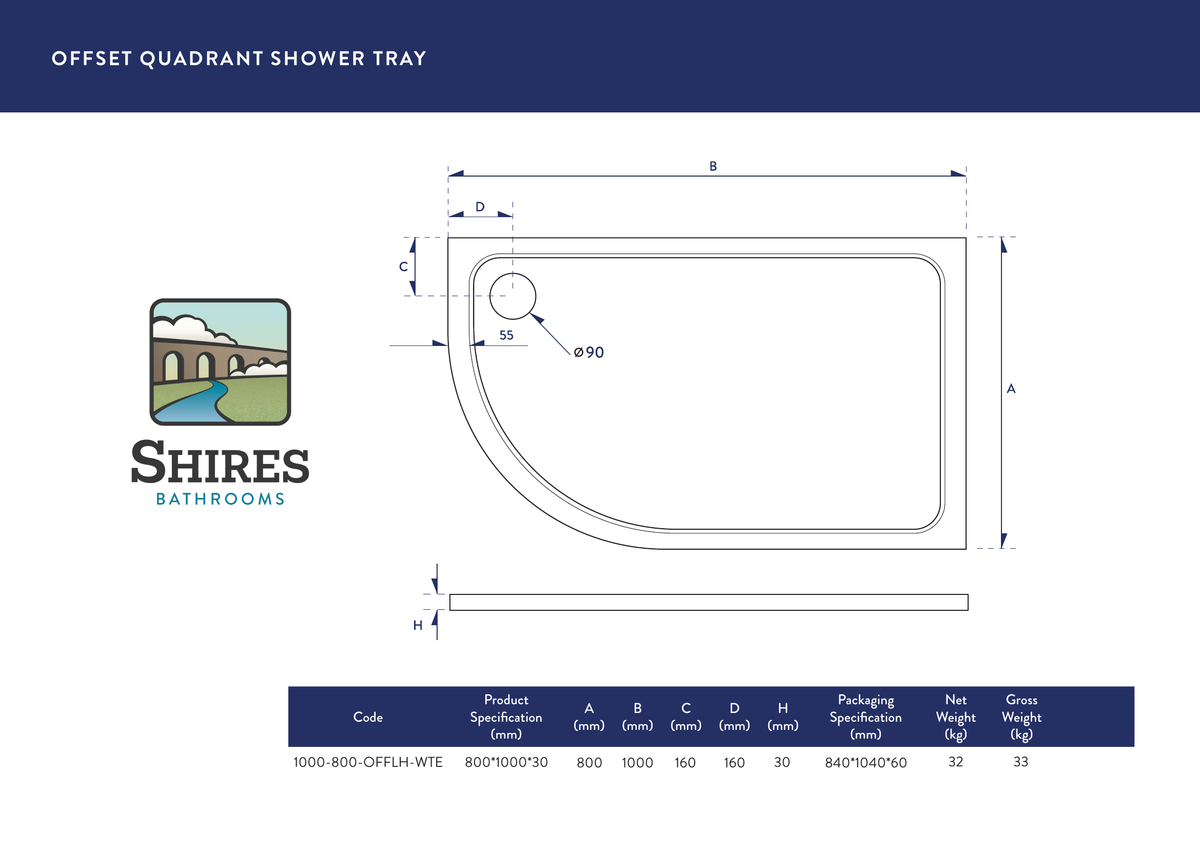 Scudo Shires Offset Quadrant White Shower Tray - technical drawing with dimensions
