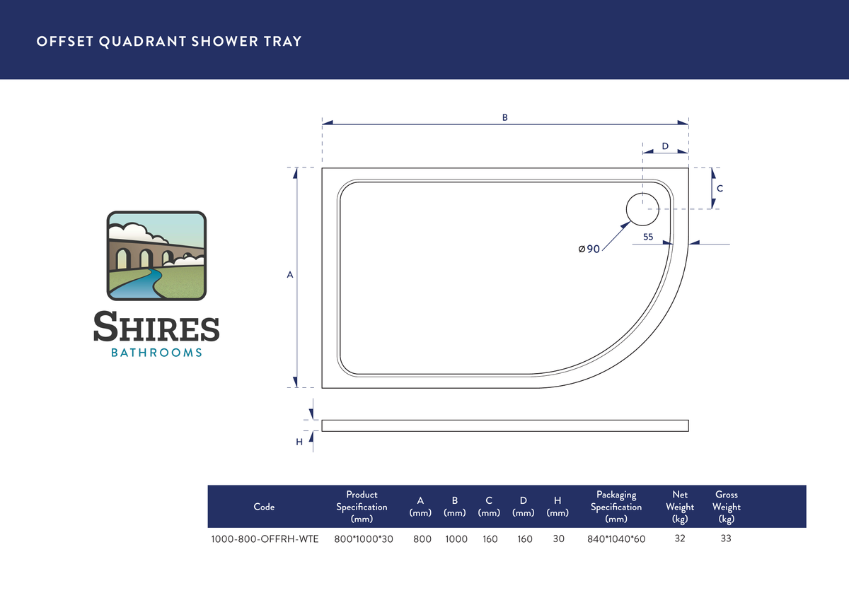 Scudo Shires Offset Quadrant White Shower Tray - technical drawing with dimensions